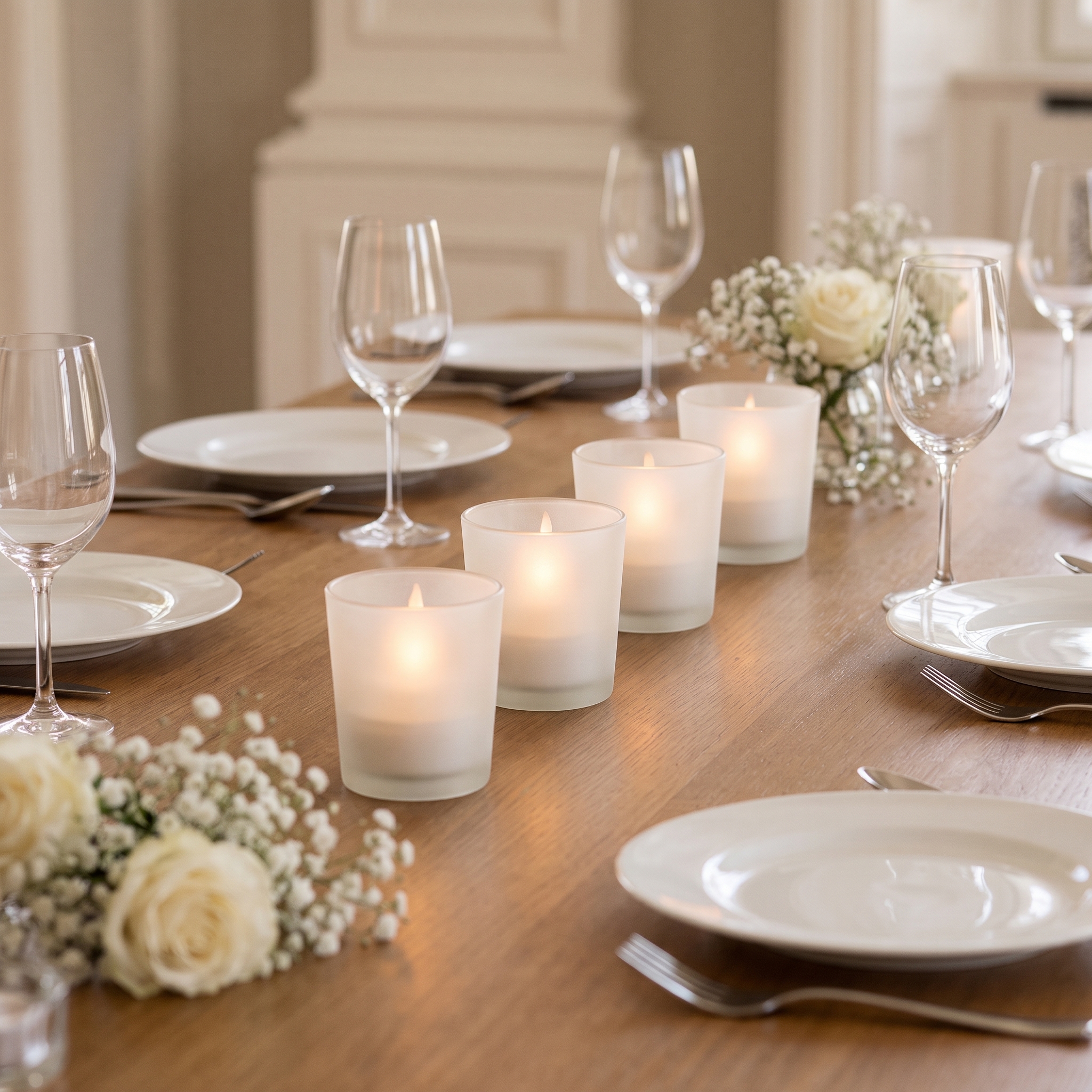 Vier gefrostete Votivgläser mit LED Teelichtern auf einer gedeckten Hochzeitstafel mit weißen Tellern, Weingläsern, weißen Rosen und Schleierkraut