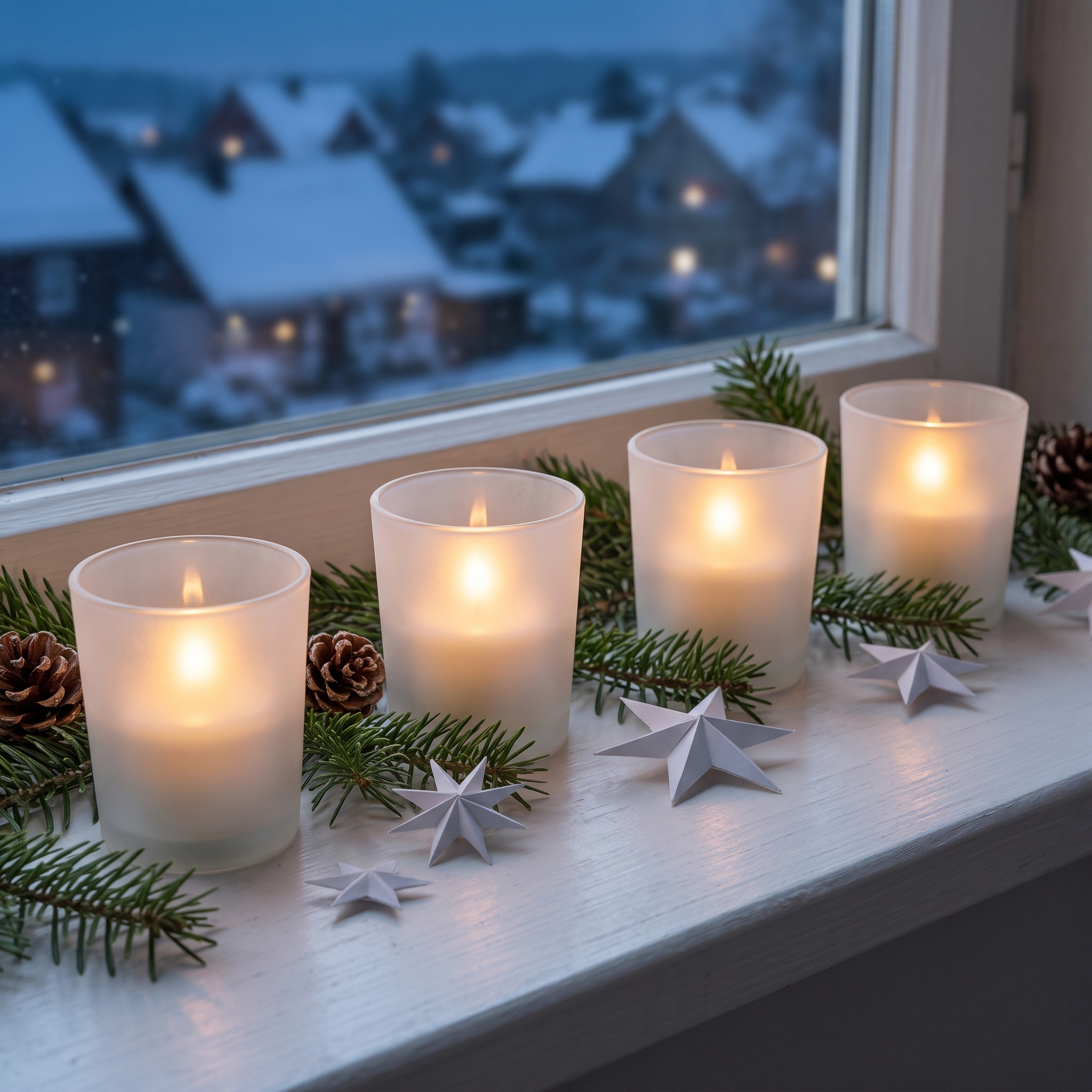 Vier hohe, gefrostete Votivgläser mit brennenden Teelichtern auf einer weißen Fensterbank, dekoriert mit Tannenzweigen, Zapfen und weißen Papiersternchen – im Hintergrund eine verschneite Winterlandschaft in der Abenddämmerung.