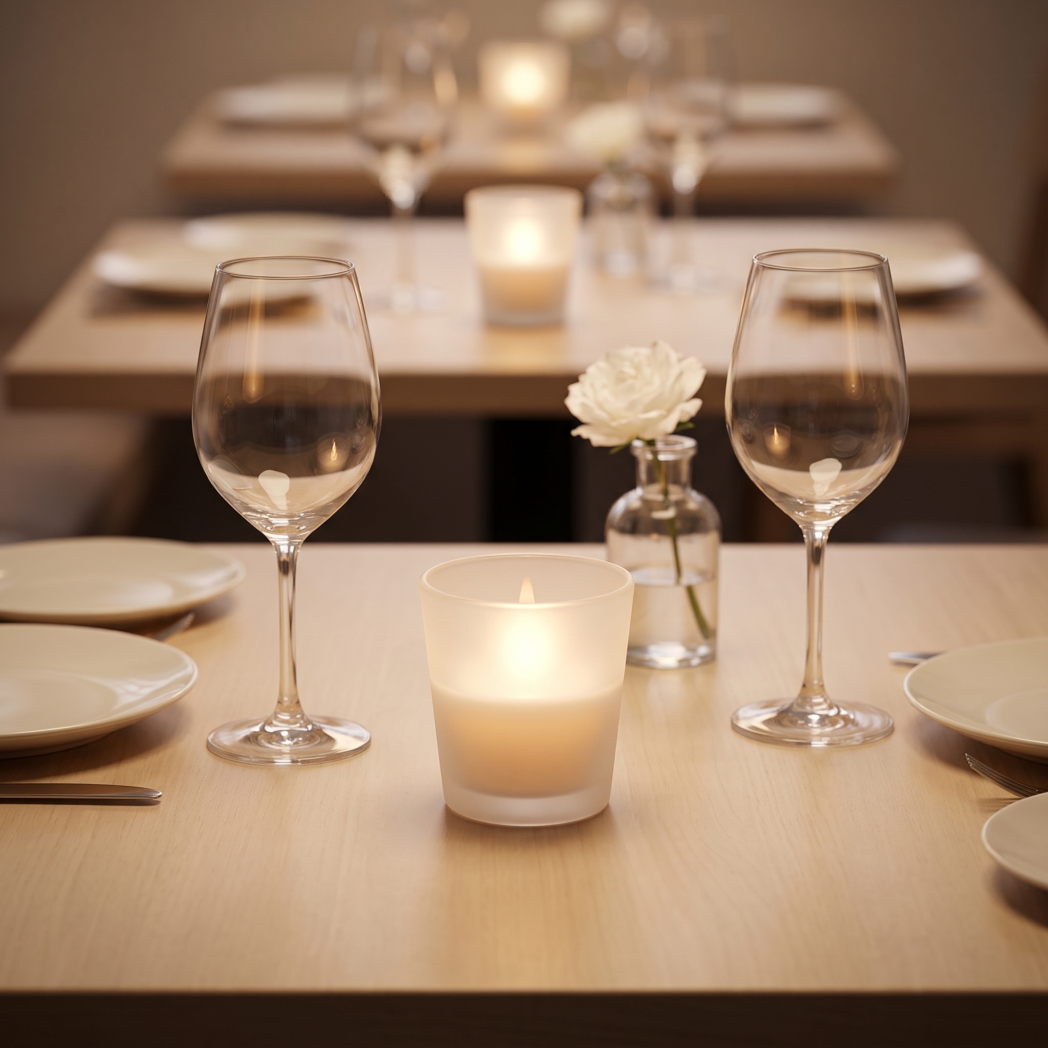 Gefrostetes Votivglas mit brennendem Teelicht auf gedecktem Restauranttisch zwischen zwei leeren Weingläsern und weißer Rose