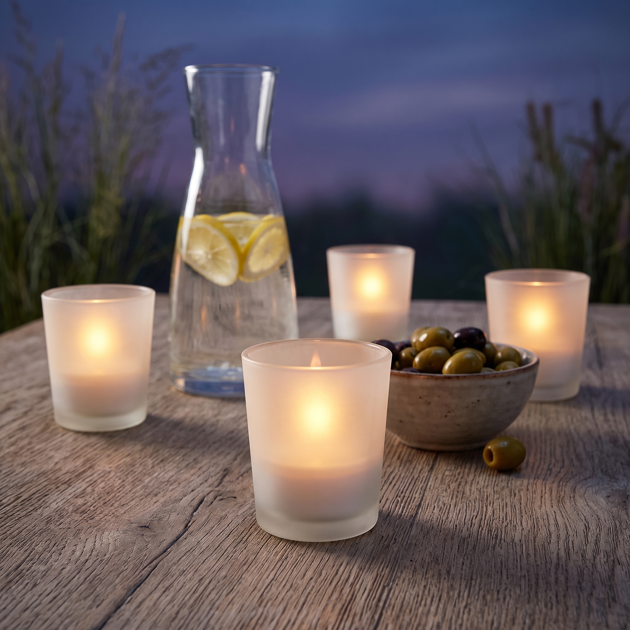 Vier gefrostete Teelichtgläser mit brennenden Teelichtern auf einem Holztisch im Freien, daneben eine Karaffe mit Zitronenwasser und eine Schale Oliven, Abendstimmung