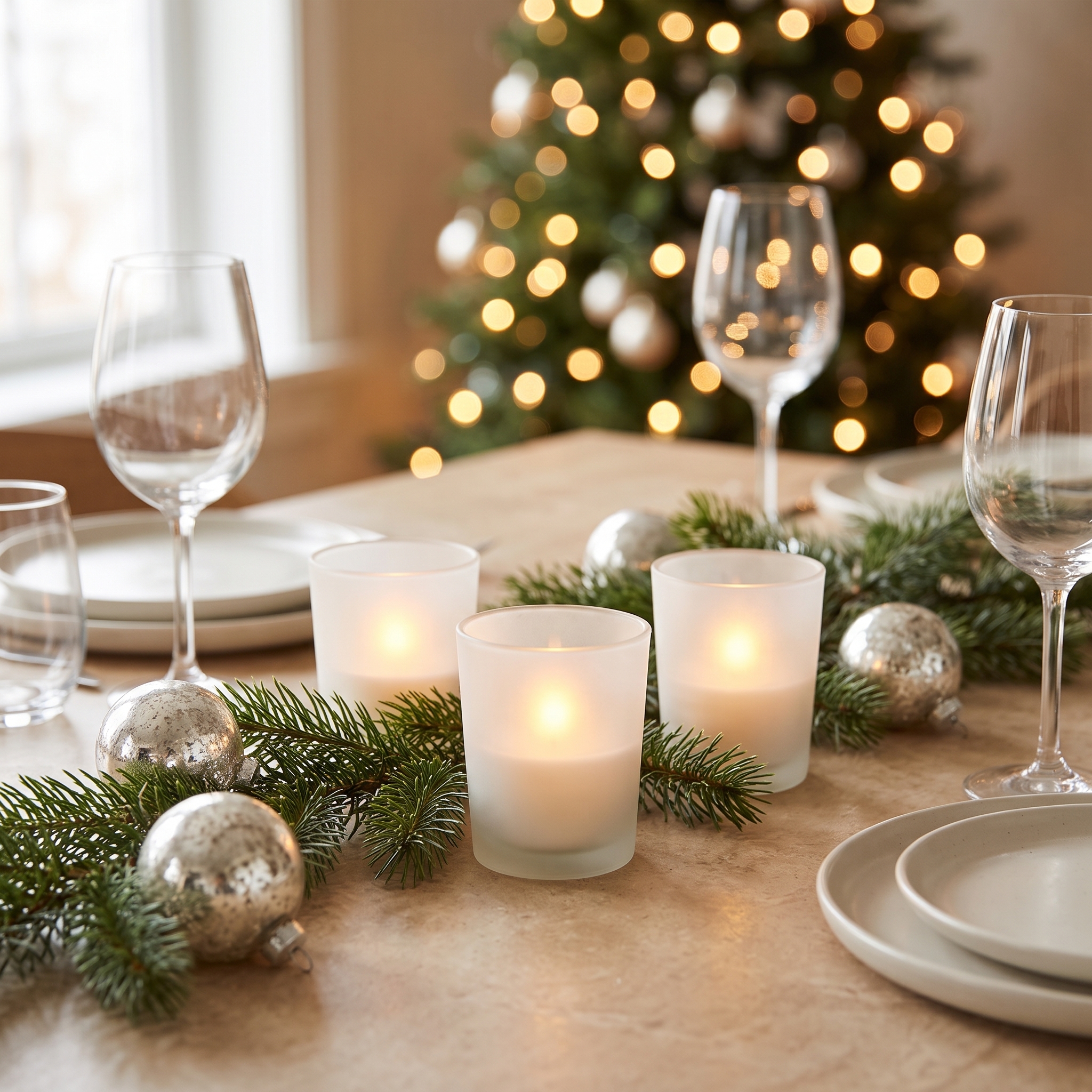 Drei hohe, gefrostete Teelichtgläser mit brennenden Teelichtern auf einem weihnachtlich gedeckten Tisch mit Tannenzweigen, silbernen Christbaumkugeln und Weingläsern, im Hintergrund ein beleuchteter Weihnachtsbaum.