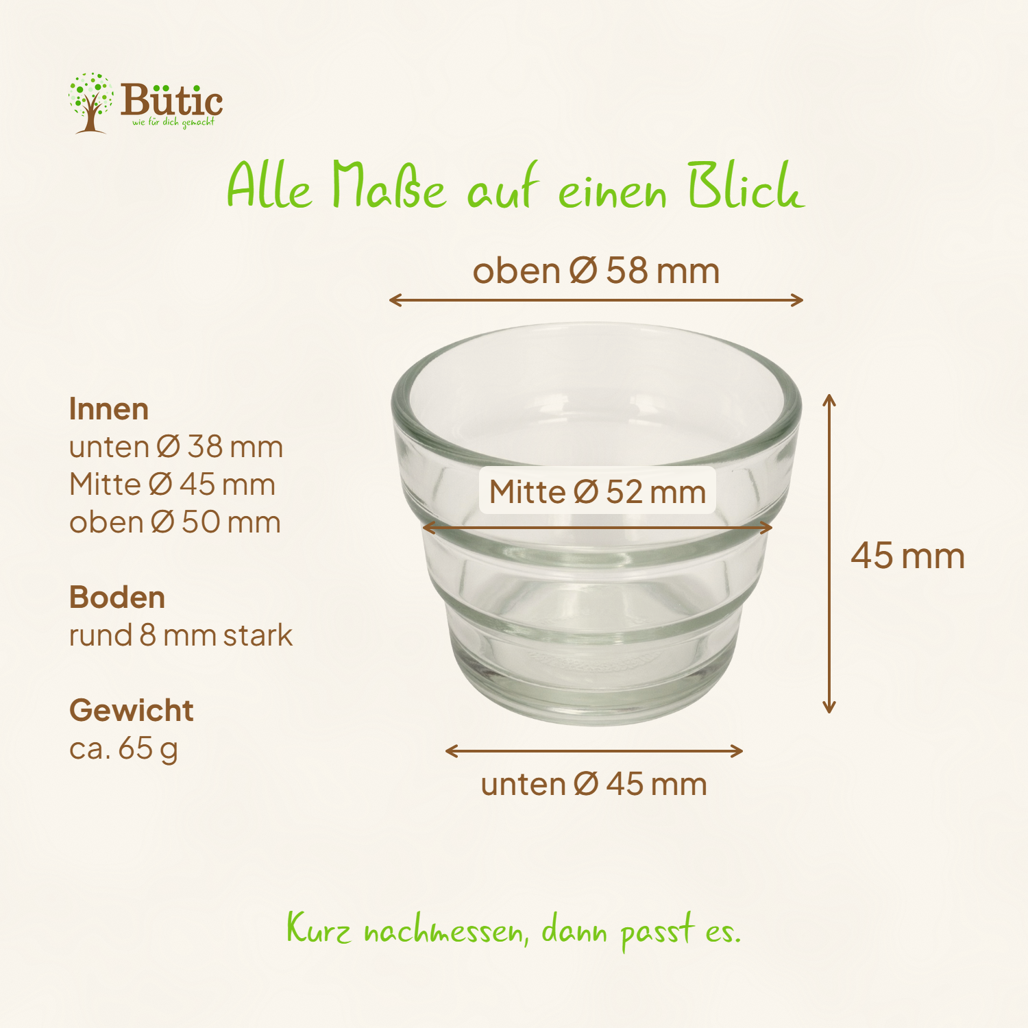 Maßgrafik für das Teelichtglas Multi3 klar: außen oben Ø 58 mm, Mitte Ø 52 mm, unten Ø 45 mm, Höhe 45 mm; innen unten Ø 38 mm, Mitte Ø 45 mm, oben Ø 50 mm; Boden rund 8 mm stark; Gewicht ca. 65 g