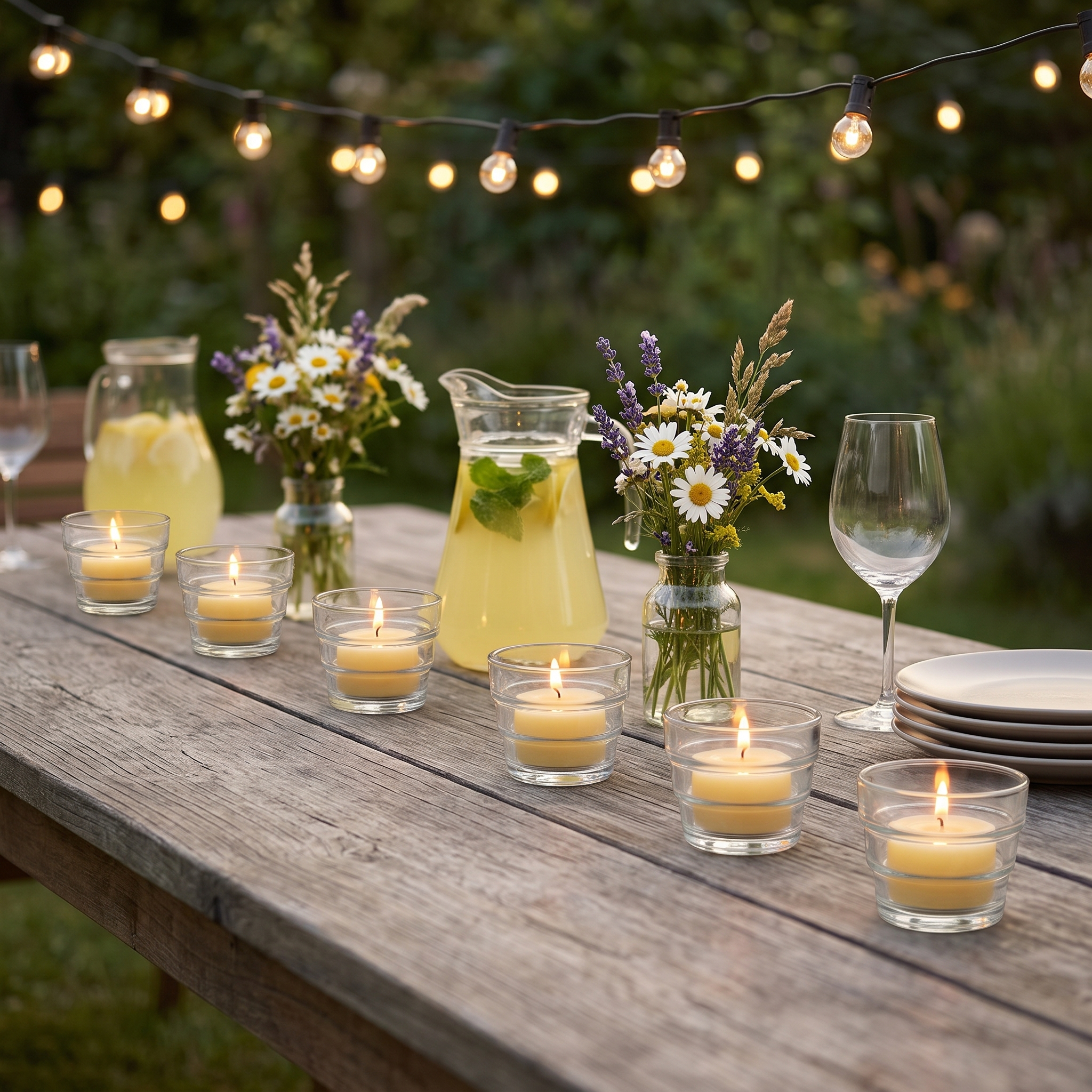 Sechs klare Teelichtgläser mit Stufen und brennenden Teelichtern in einer Reihe auf einem rustikalen Holztisch im Garten, dazu Wildblumensträuße, Limonadenkrüge und eine Lichterkette