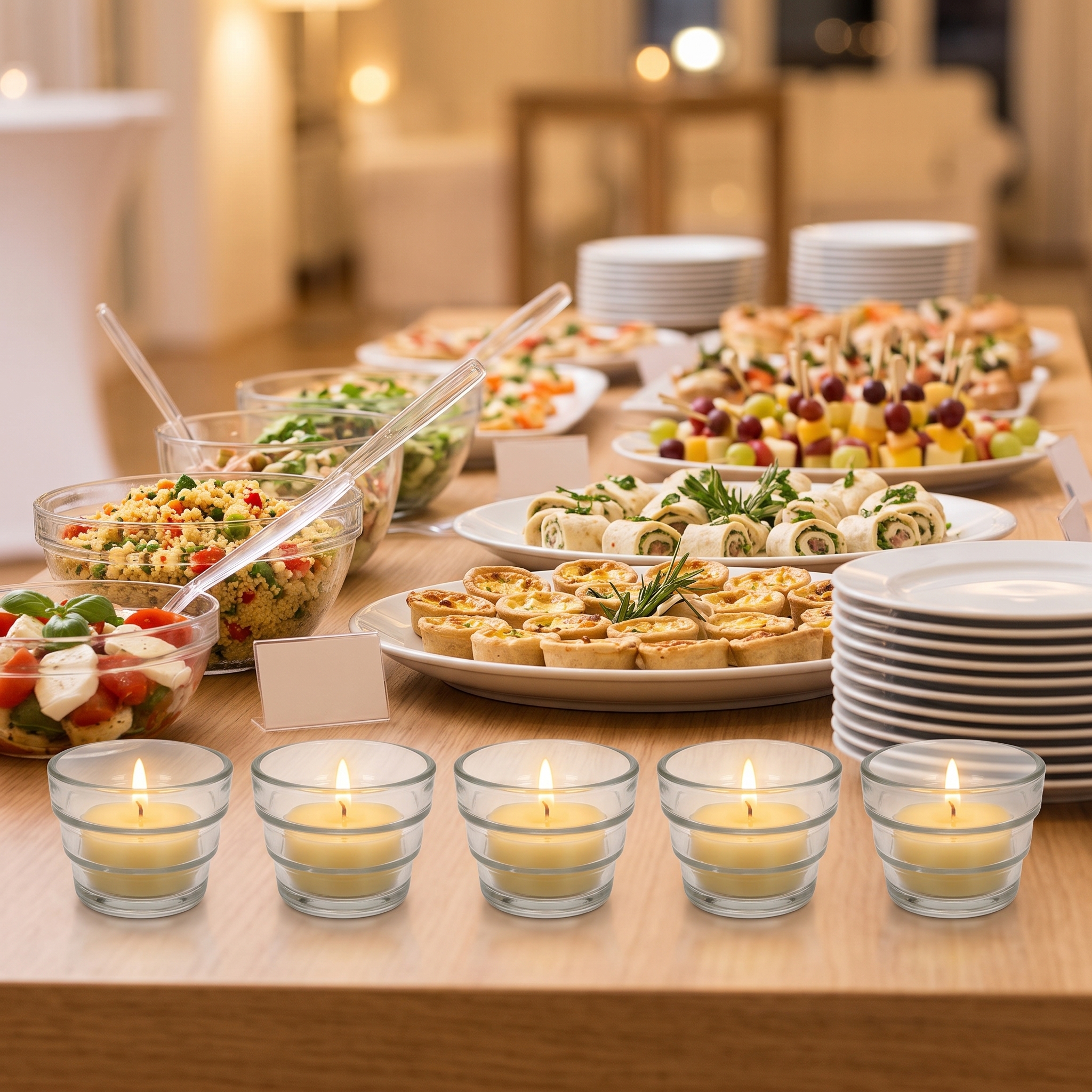 Fünf brennende Teelichtgläser aus klarem Glas mit Stufendesign auf einem Holztisch, im Hintergrund ein gedecktes Buffet mit Salaten, Wraps und Fingerfood.