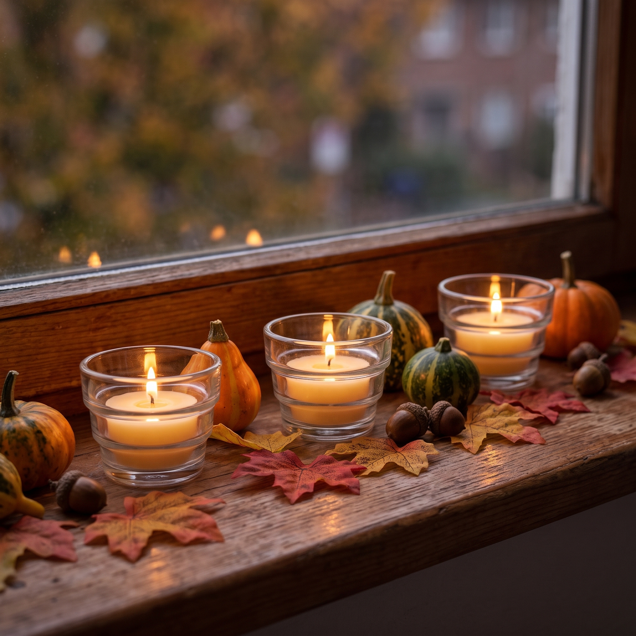 Drei klare Teelichtgläser mit brennenden Teelichtern auf einem Holzfensterbrett, dekoriert mit bunten Herbstblättern, Eicheln und Zierkürbissen, herbstliche Bäume im Fensterhintergrund