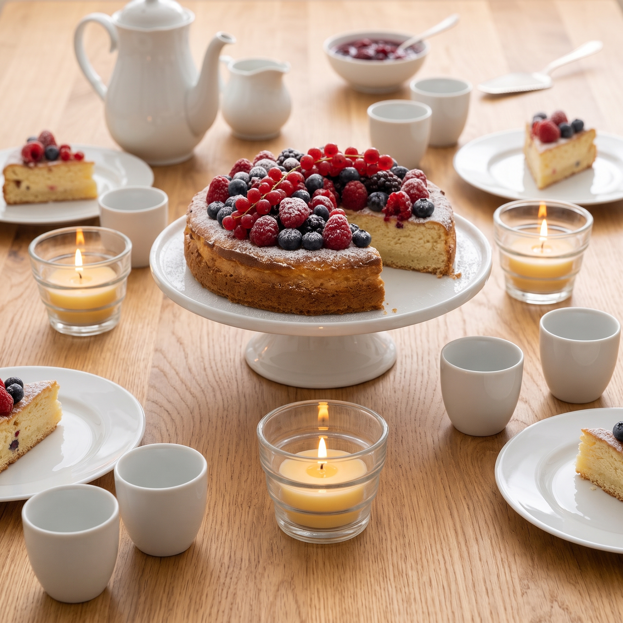 Drei klare Teelichtgläser mit brennenden Teelichtern auf einem gedeckten Kaffeetisch mit weißem Porzellan und Beerentorte