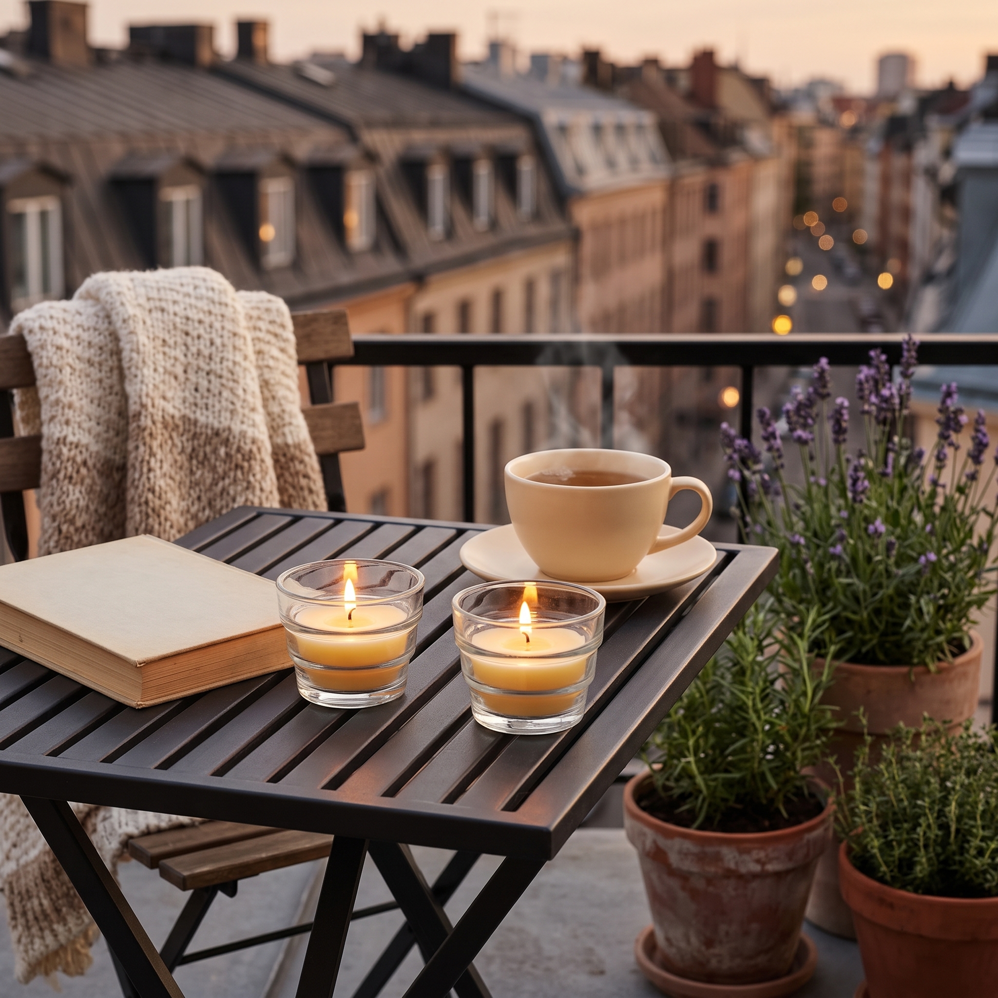 Zwei brennende Teelichter in klaren Gläsern auf einem dunklen Balkontisch, daneben eine Teetasse und ein Buch, im Hintergrund Lavendel und Stadtdächer im Abendlicht