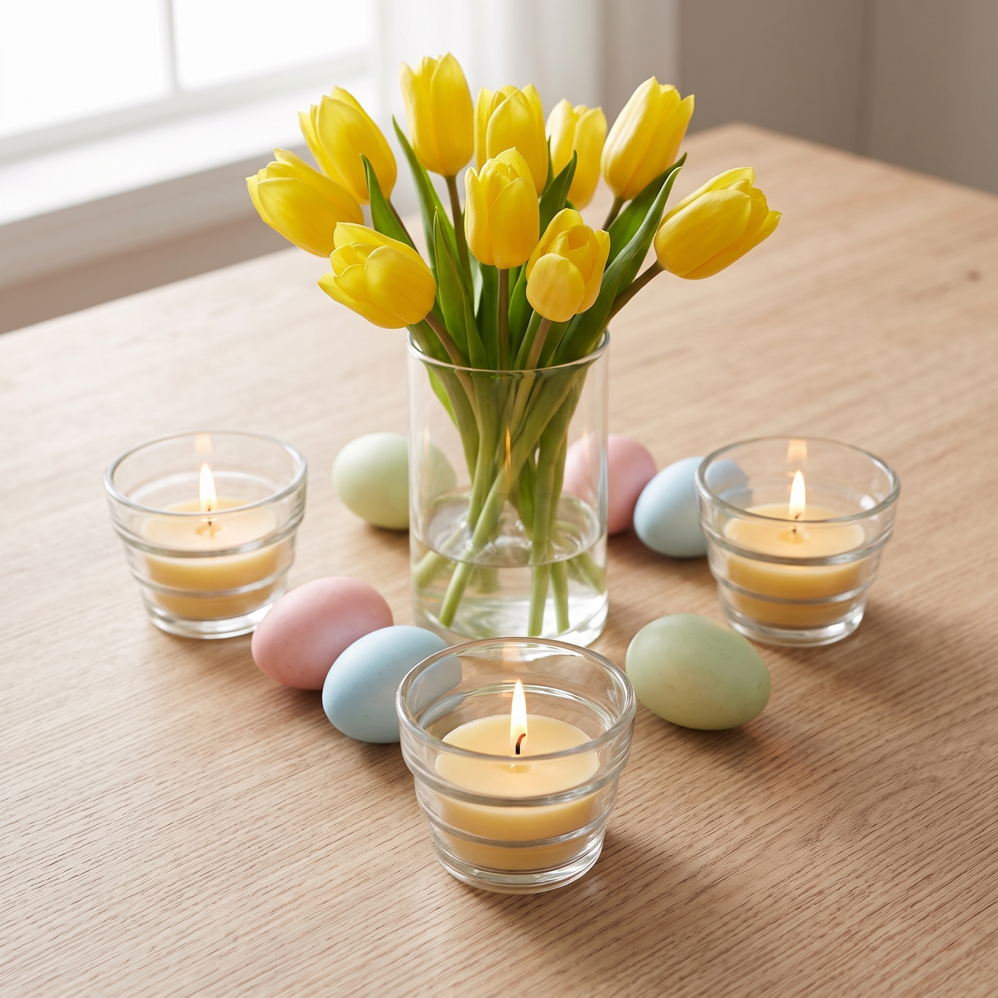 Drei klare Teelichtgläser mit brennenden Teelichtern auf einem Holztisch, dazu Ostereier in Pastelltönen und eine Glasvase mit gelben Tulpen