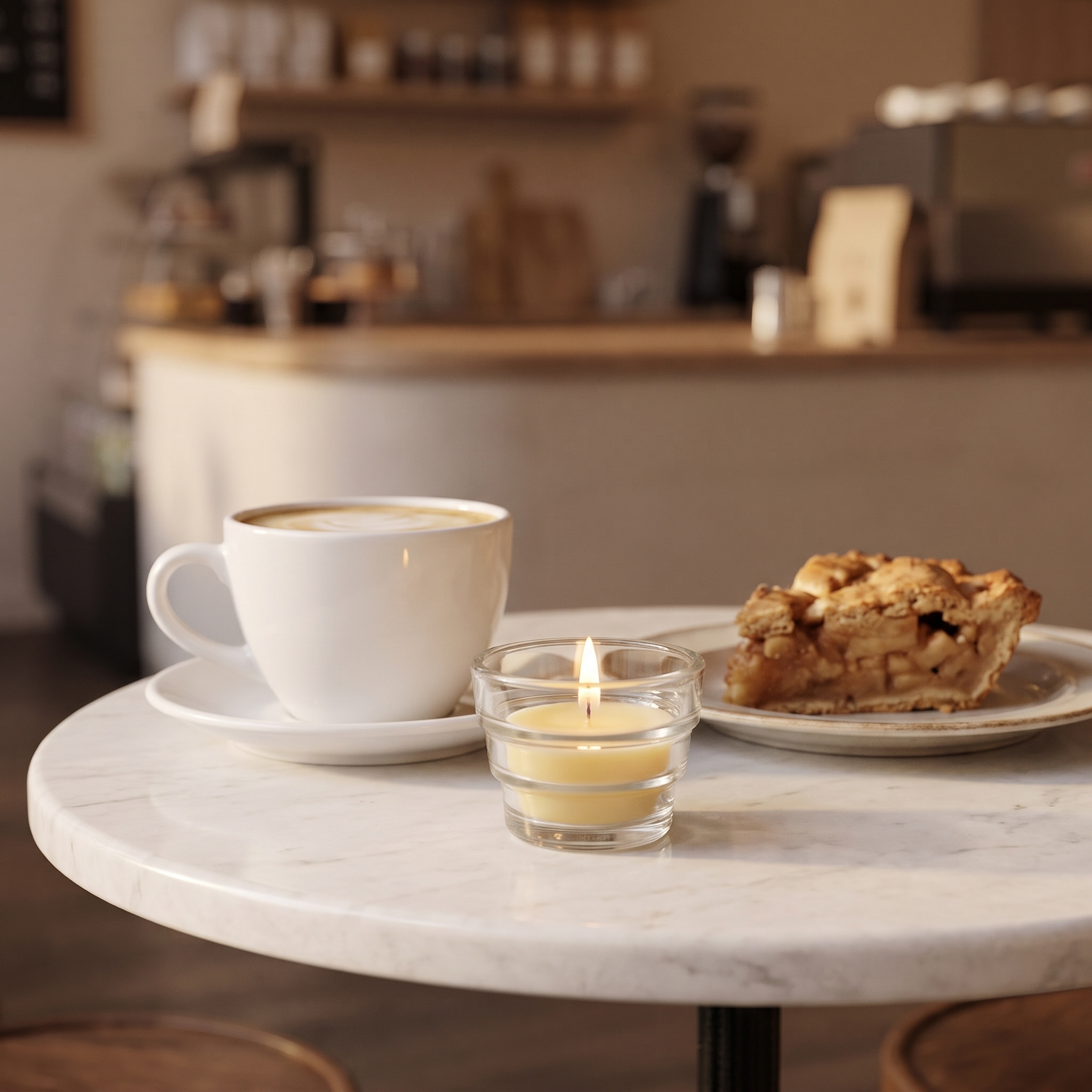 Brennendes Teelicht in einem kleinen klaren Glas mit Stufen auf einem Marmortisch im Café, daneben eine Milchkaffee-Tasse und ein Stück Apfelkuchen