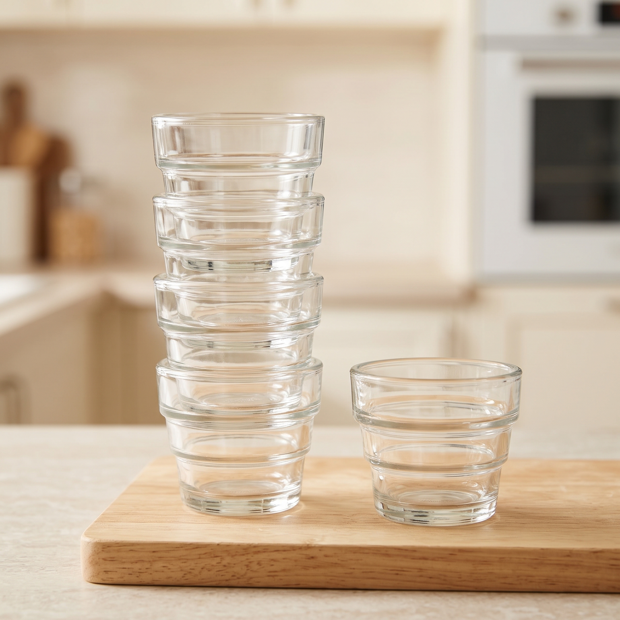 Ein Turm aus vier ineinandergestellten klaren Teelichtgläsern auf einem Holzbrett in der Küche, daneben ein einzelnes leeres Glas gleicher Größe