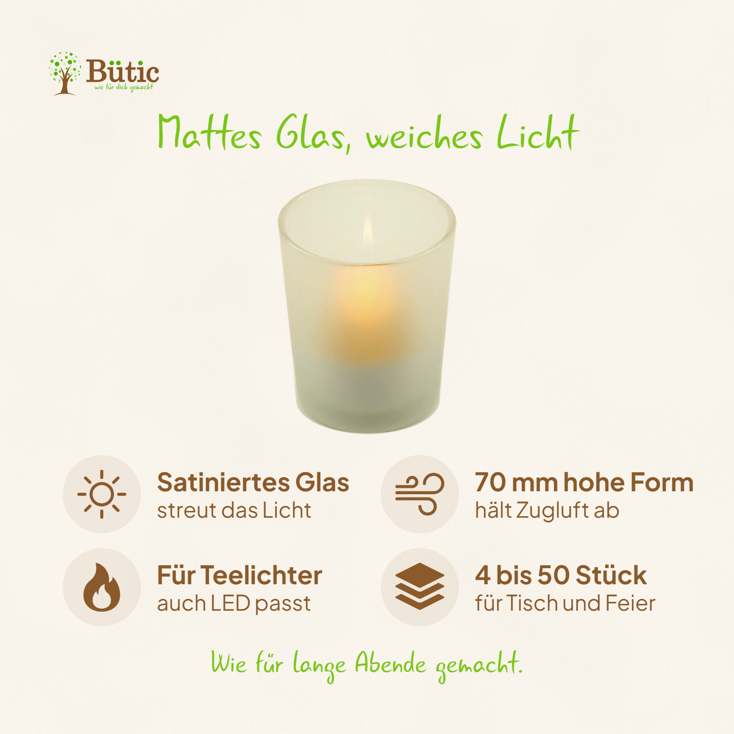 Infografik zu den Teelichtgläsern: satiniertes Glas streut das Licht, 70 mm hohe Form hält Zugluft ab, für Teelichter und LED-Teelichter, Sets mit 4 bis 50 Stück