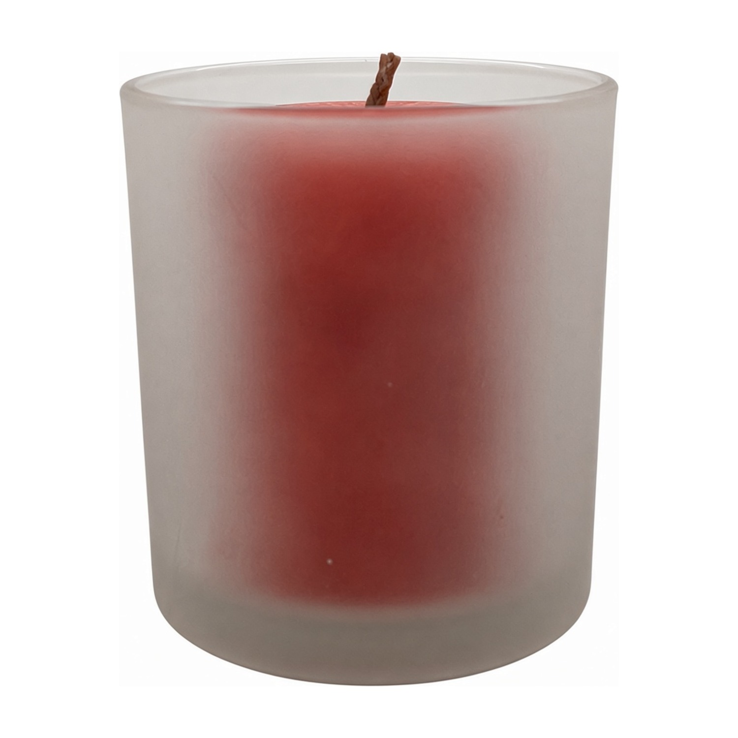 Gefrostetes Votivglas mit roter Stumpenkerze, die durch das matte Glas als Schatten zu sehen ist, auf weißem Hintergrund