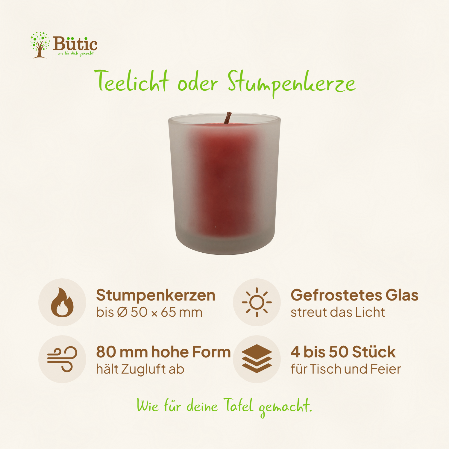 Infografik zum gefrosteten Votivglas: für Stumpenkerzen bis Ø 50 × 65 mm und Teelichter, gefrostetes Glas streut das Licht, 80 mm hohe Form hält Zugluft ab, Sets mit 4 bis 50 Stück