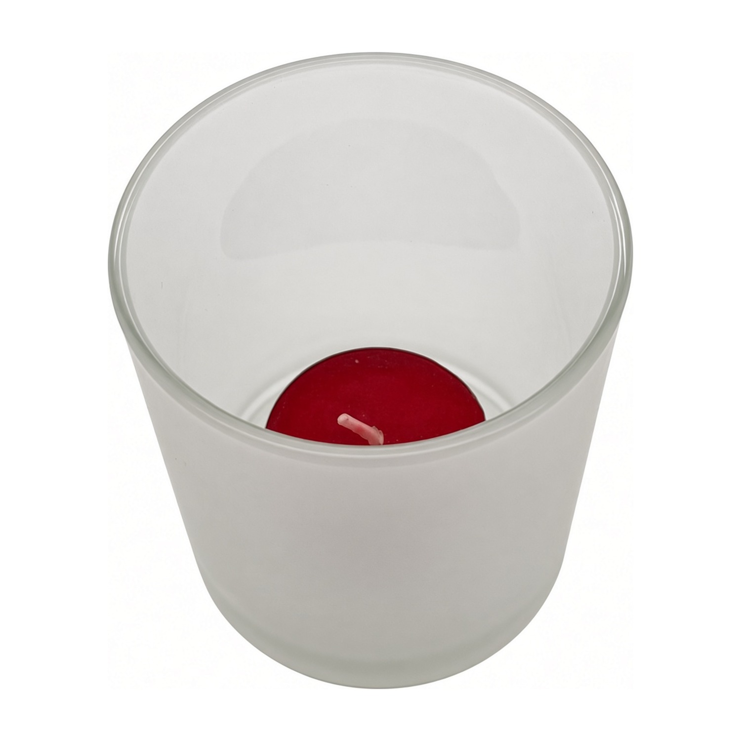 Gefrostetes Votivglas von schräg oben, innen auf dem Boden ein rotes Teelicht