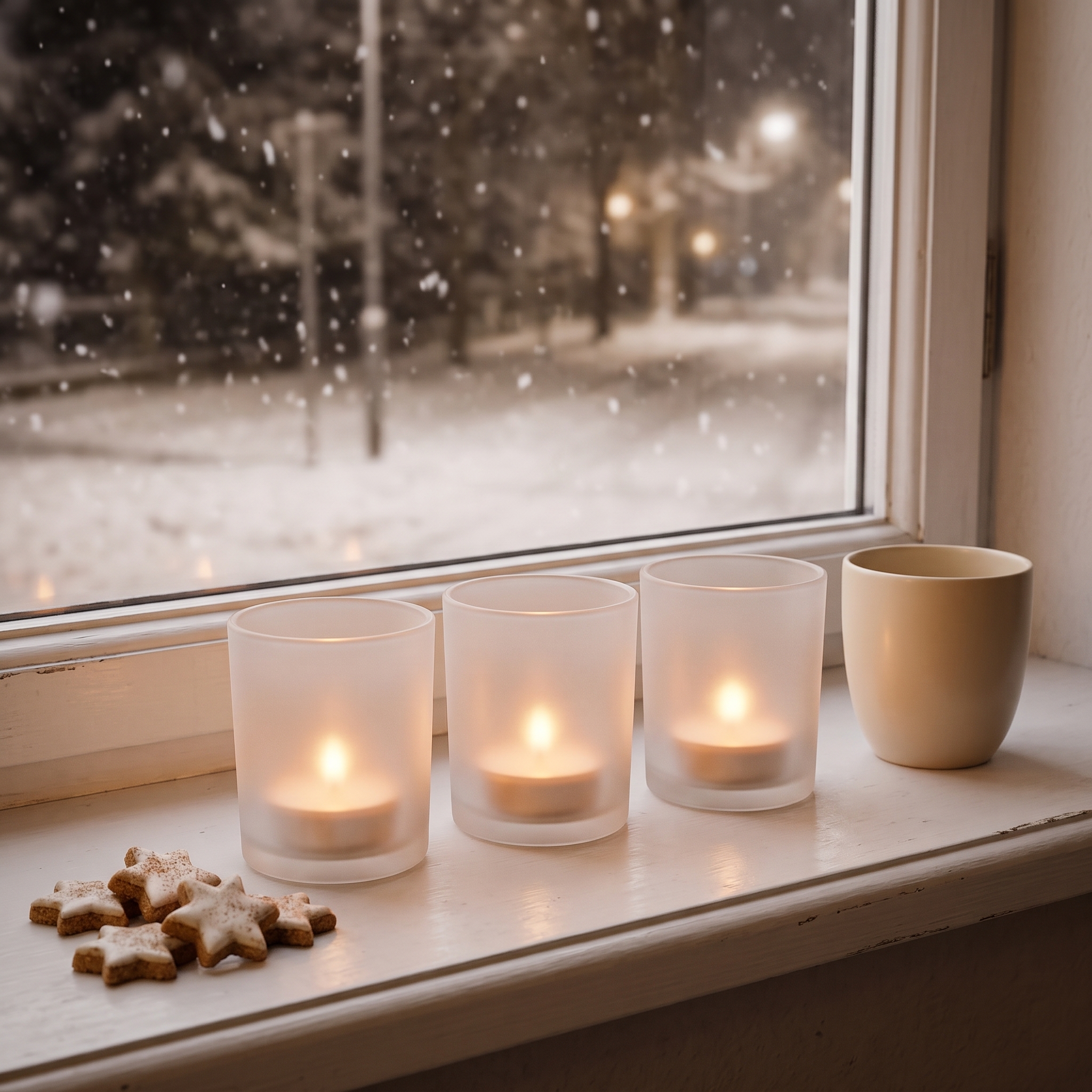 Drei gefrostete Votivgläser mit brennenden Teelichtern auf einer weißen Fensterbank, daneben Zimtsterne und eine Tasse, draußen fällt Schnee