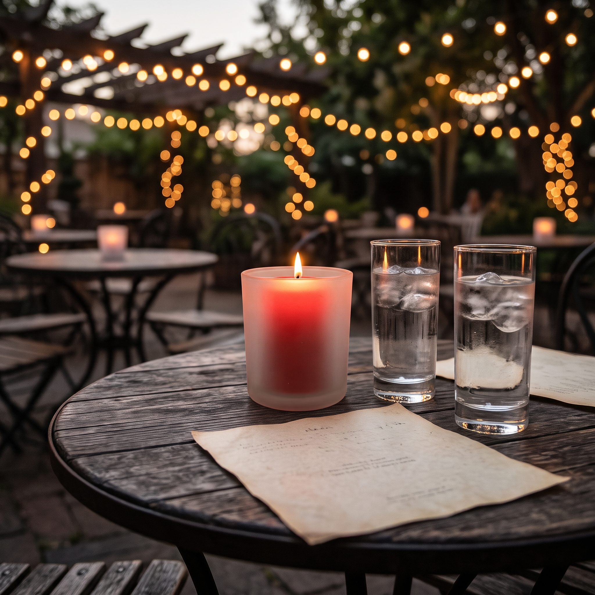Gefrostetes Votivglas mit brennender roter Stumpenkerze auf einem runden Holztisch im Restaurantgarten, daneben zwei Wassergläser und eine Speisekarte, im Hintergrund Lichterketten