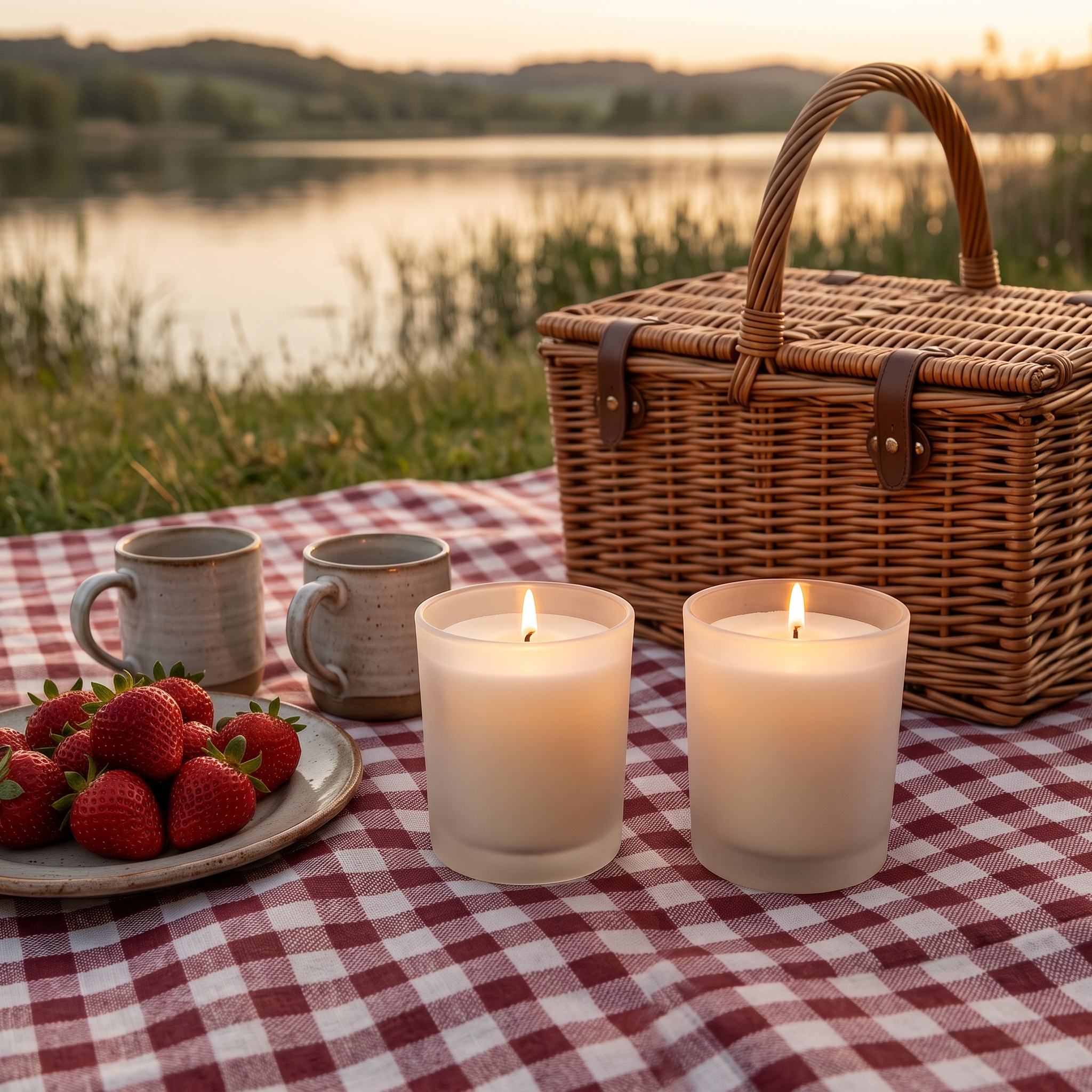 Zwei gefrostete Votivgläser mit brennenden Stumpenkerzen auf einer rot-weiß karierten Picknickdecke am See, daneben Erdbeeren, Becher und ein Weidenkorb