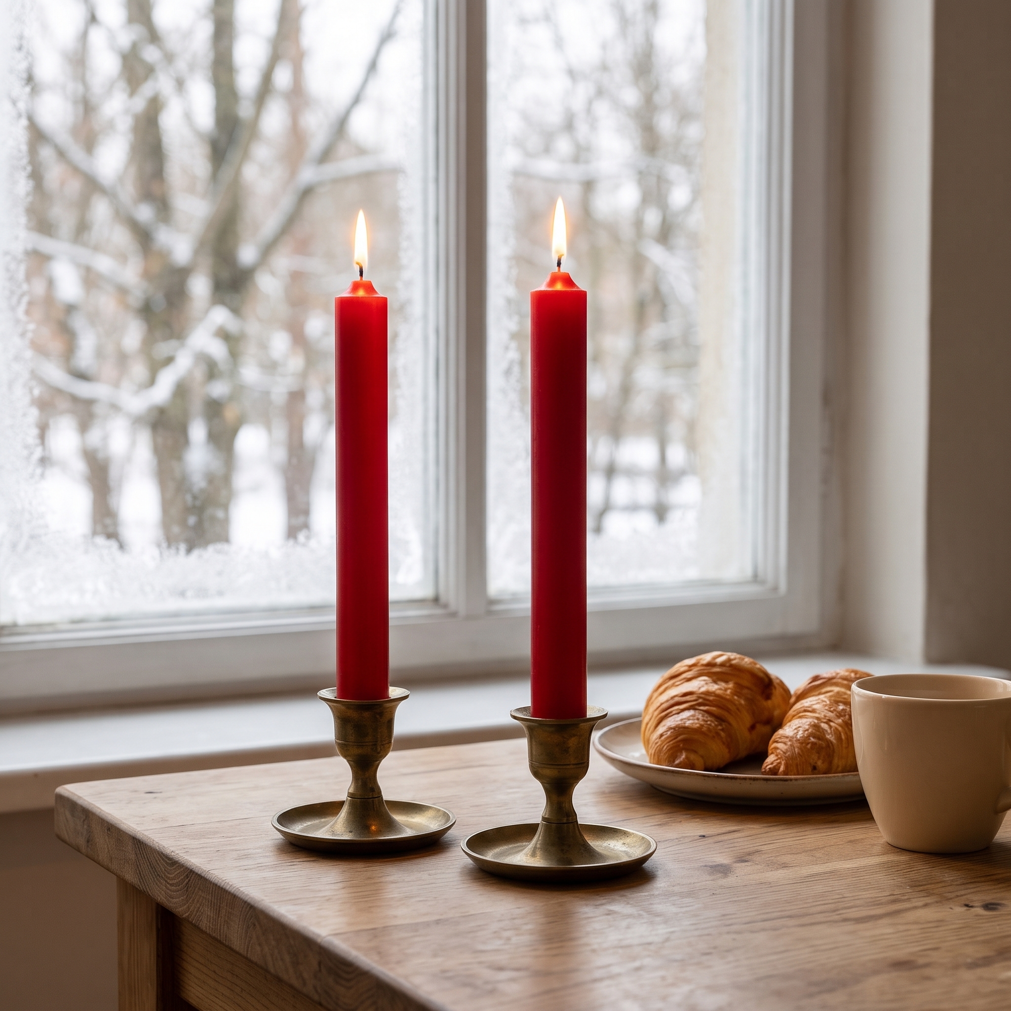 Zwei rote brennende Stabkerzen 22mm in goldenen Messingleuchtern auf Holztisch vor winterlichem Fensterhintergrund
