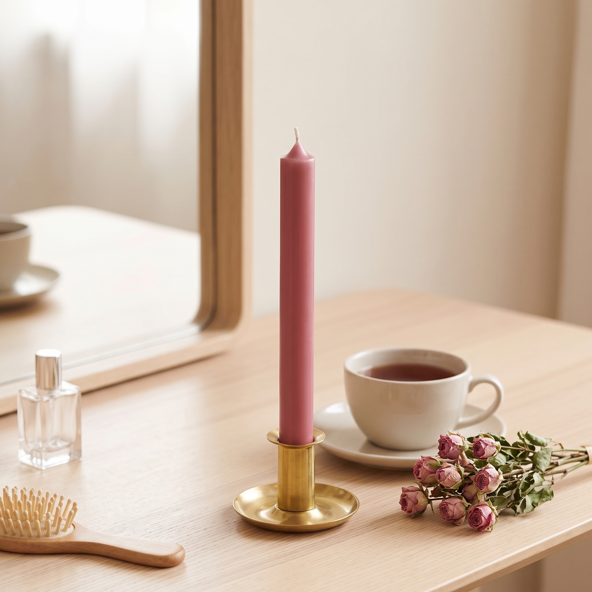 Antikrosafarbene Stabkerze 180x22 mm in goldenem Kerzenhalter auf hellem Holztisch, daneben getrocknete Rosen, Teetasse und Parfümflakon