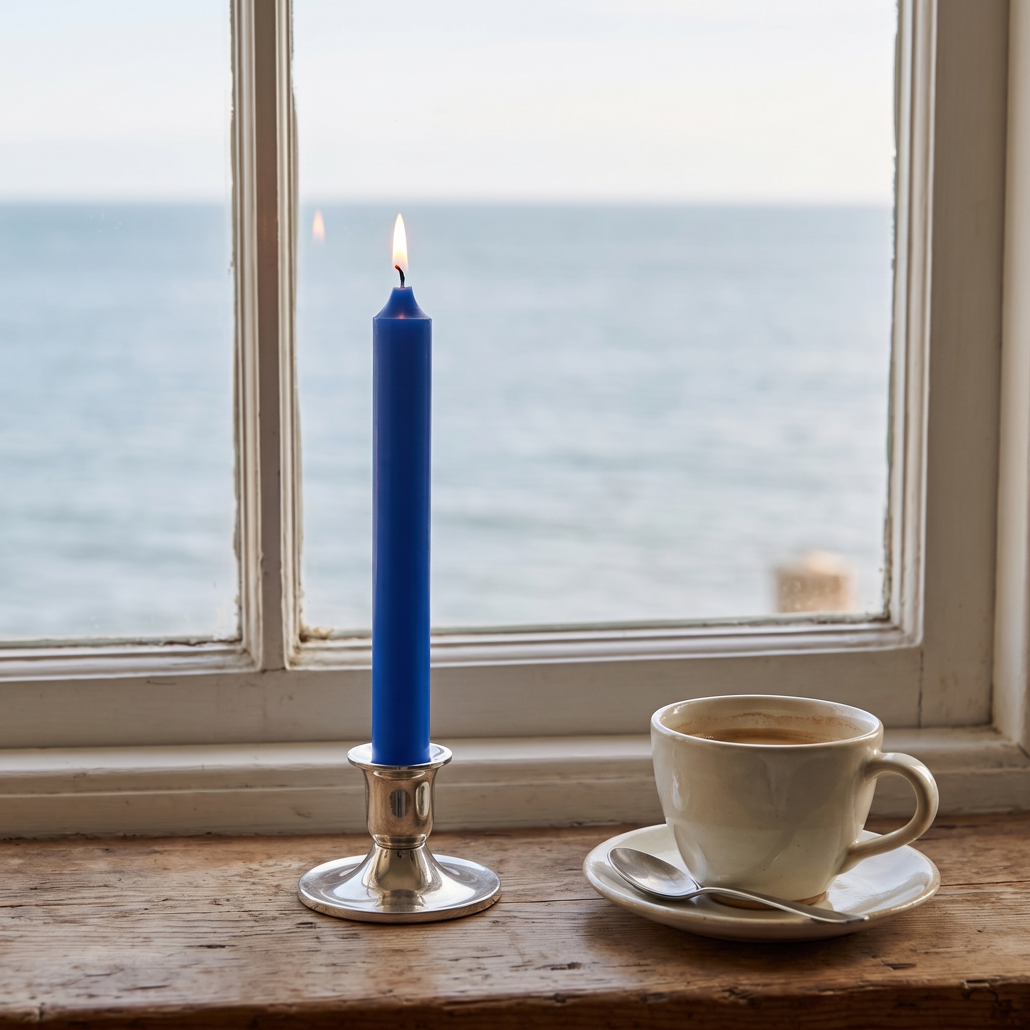 Blaue Stabkerze in silbernem Kerzenhalter, brennend, auf Holzfenstersims vor Meeresblick