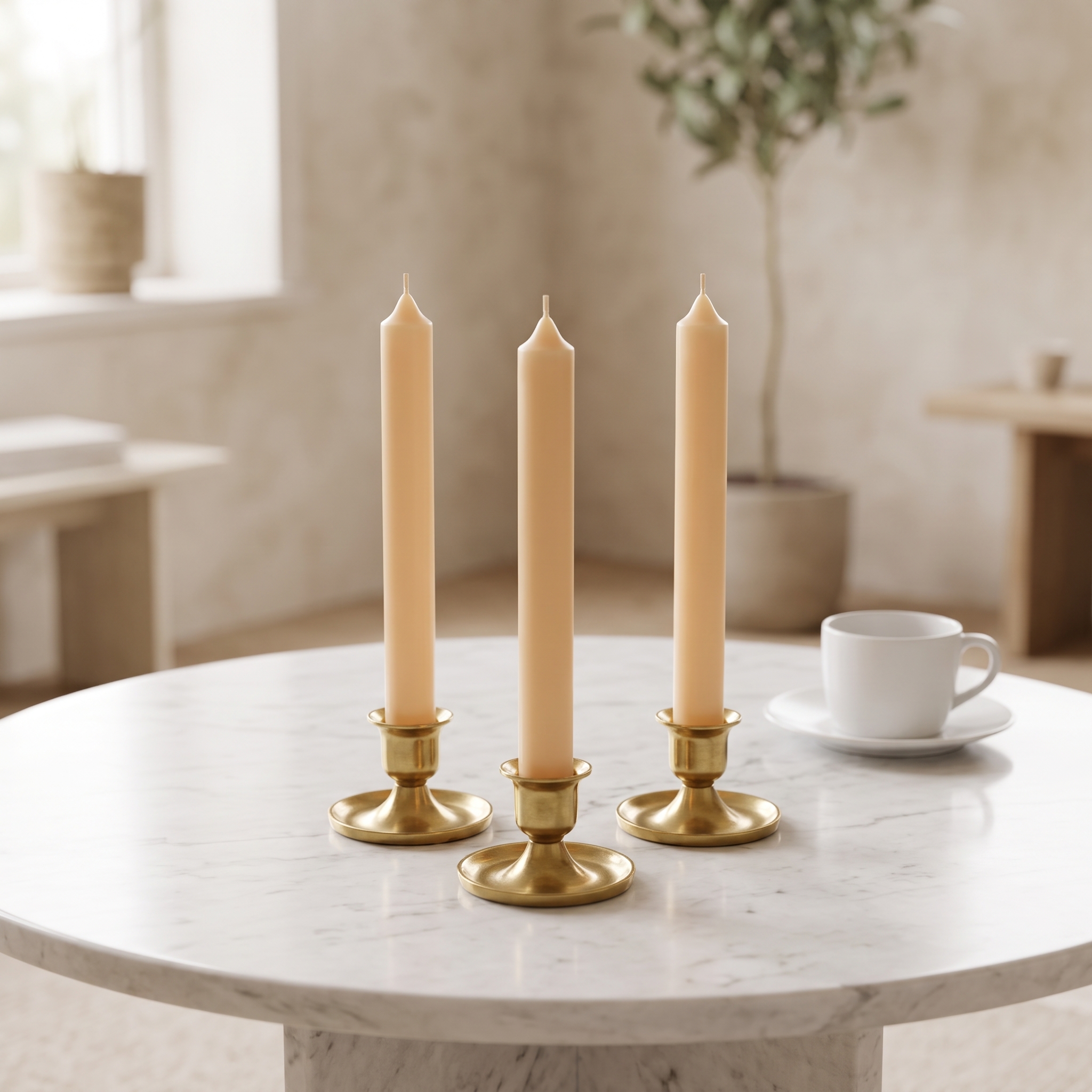 Drei cremefarbene Stabkerzen (180 x 22 mm) in goldenen Kerzenhaltern auf einem runden Marmortisch