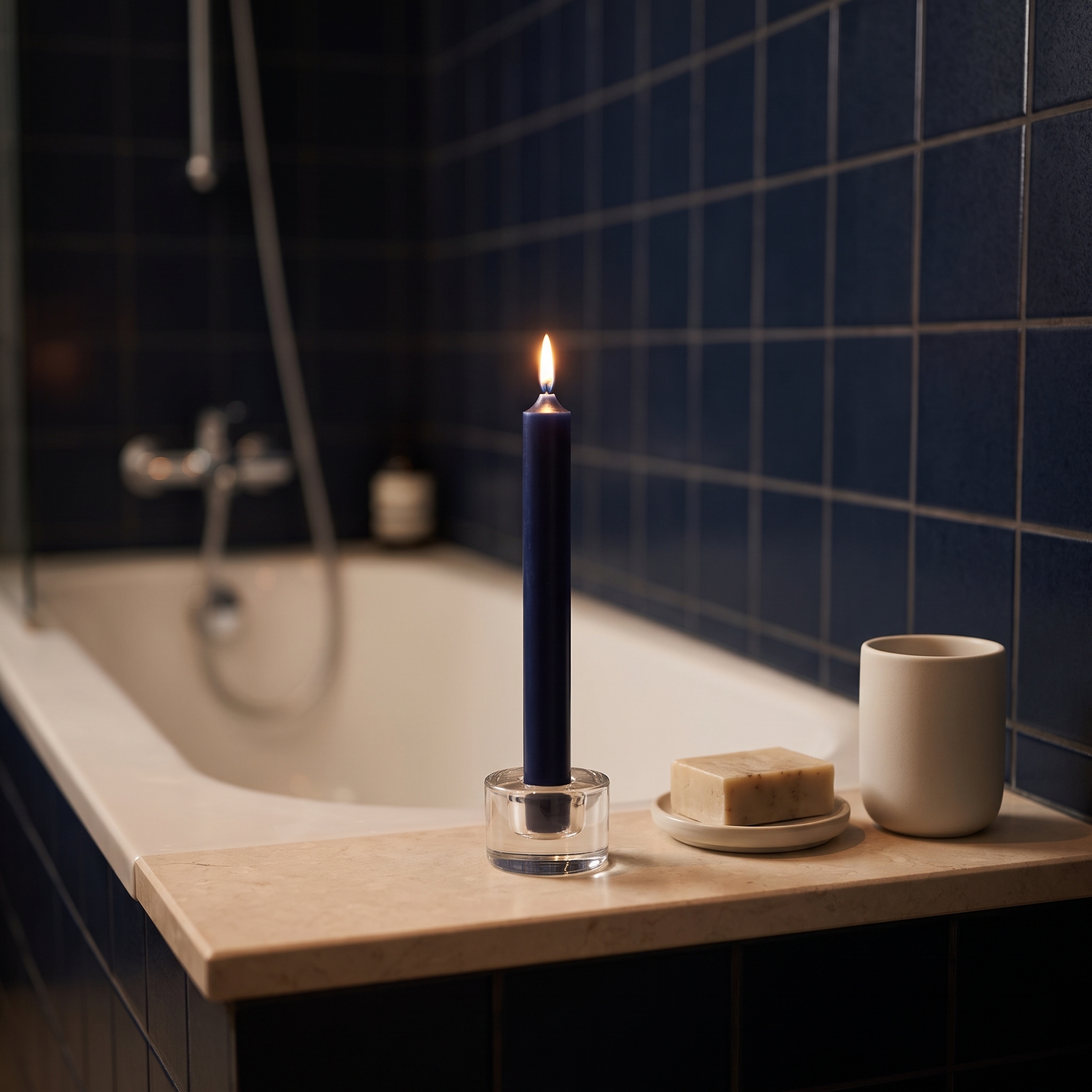 Dunkelblau durchgefärbte Stabkerze 180 x 22 mm in einem klaren Glas-Kerzenhalter auf dem Rand einer Badewanne, brennende Flamme, daneben eine Naturseife auf einem Keramikteller und ein weißer Keramikbecher, blaue Wandfliesen im Hintergrund