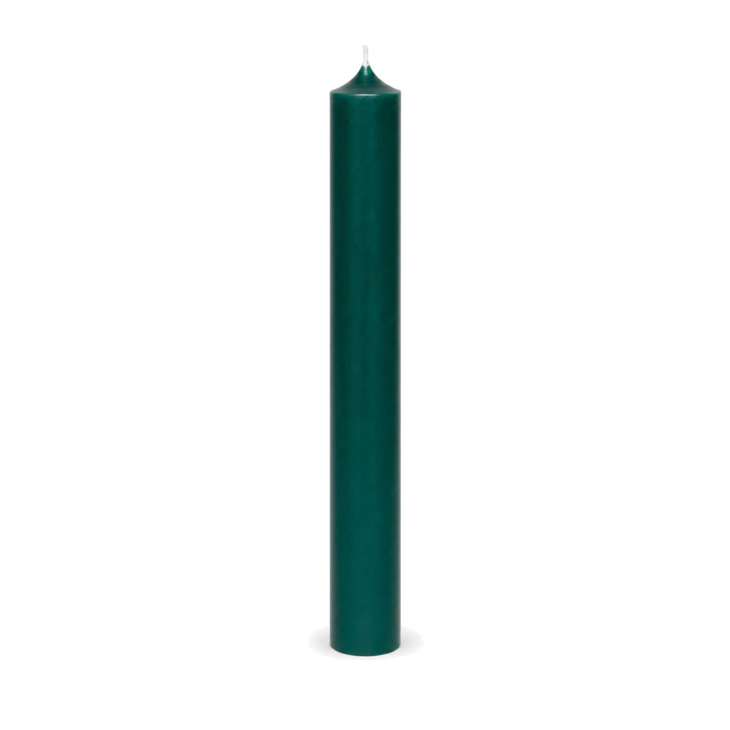 Dunkelgrüne Stabkerze 180 x 22 mm, einzeln auf weißem Hintergrund.