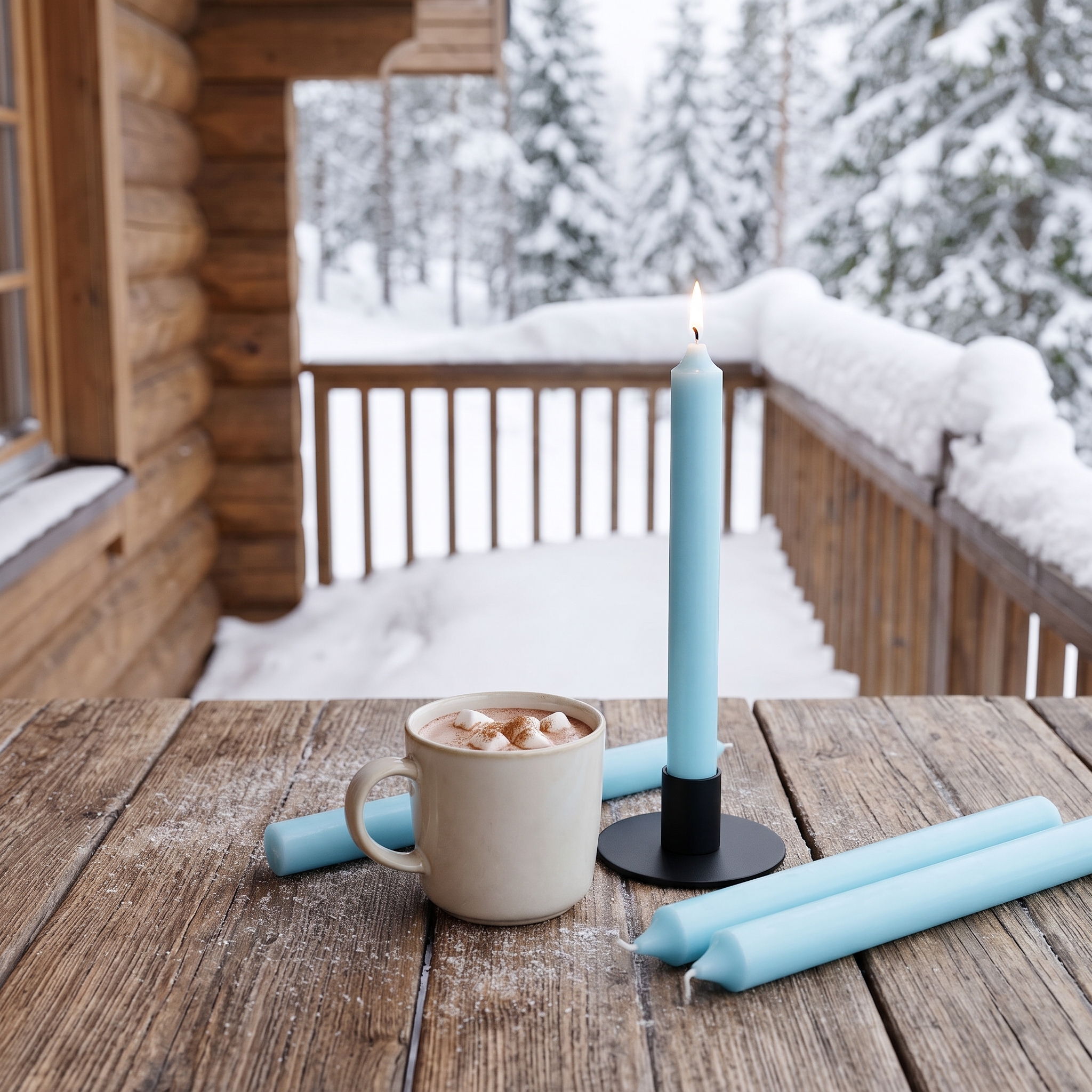 Eisblaue Stabkerzen 180x22mm auf einem verschneiten Holzbalkon einer Blockhütte – eine Kerze brennt im schwarzen Kerzenhalter, daneben eine Tasse Kakao mit Marshmallows