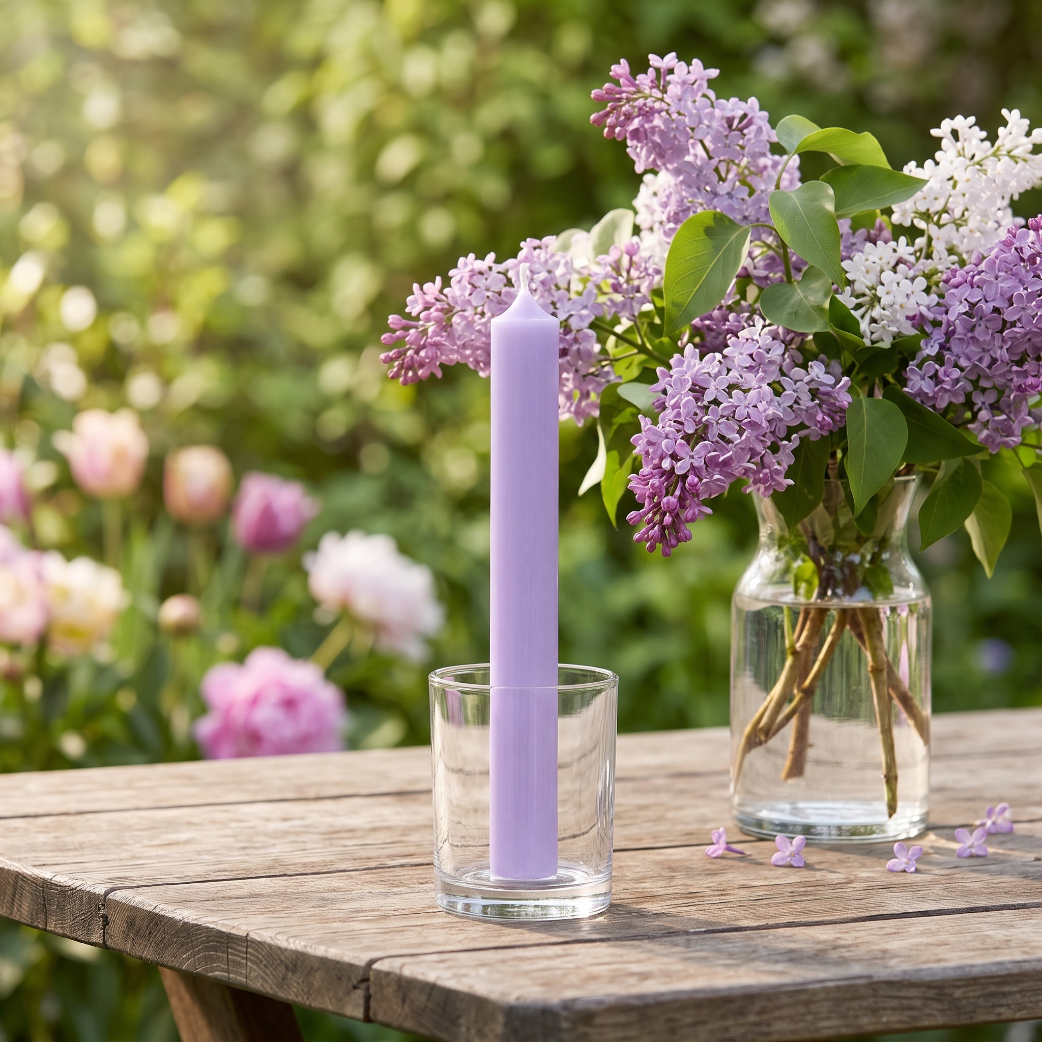 Fliederfarbene Stabkerze 180x22 mm in transparentem Glashalter auf rustikalem Holztisch, daneben Glasvase mit lila-weißem Fliederstrauß, grüner Gartenhintergrund mit rosa Tulpen.