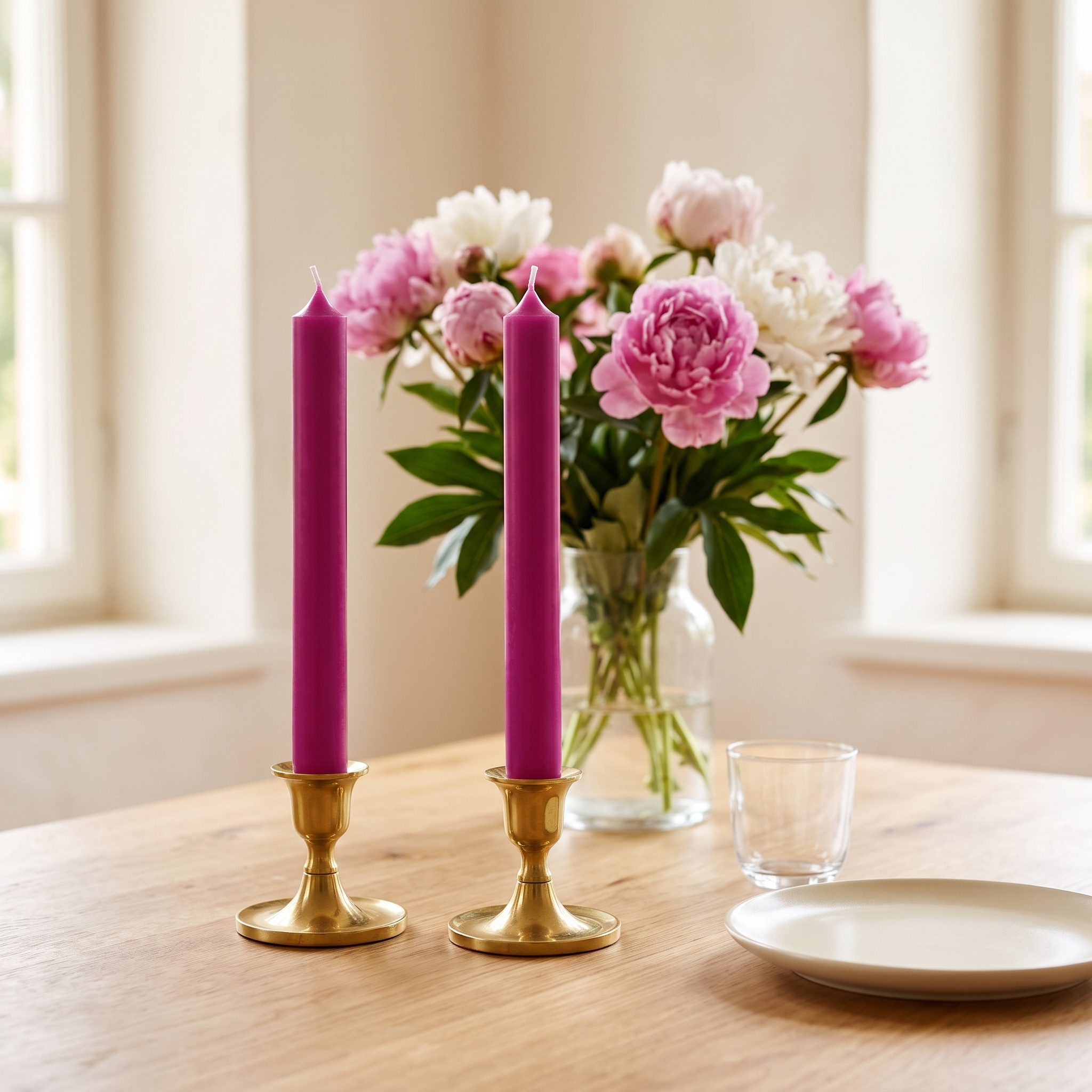 Zwei fuchsiafarbene Stabkerzen (180 x 22 mm) in goldenen Messinghaltern auf einem Holztisch, dahinter ein Strauß rosa und weißer Pfingstrosen in einer Glasvase.