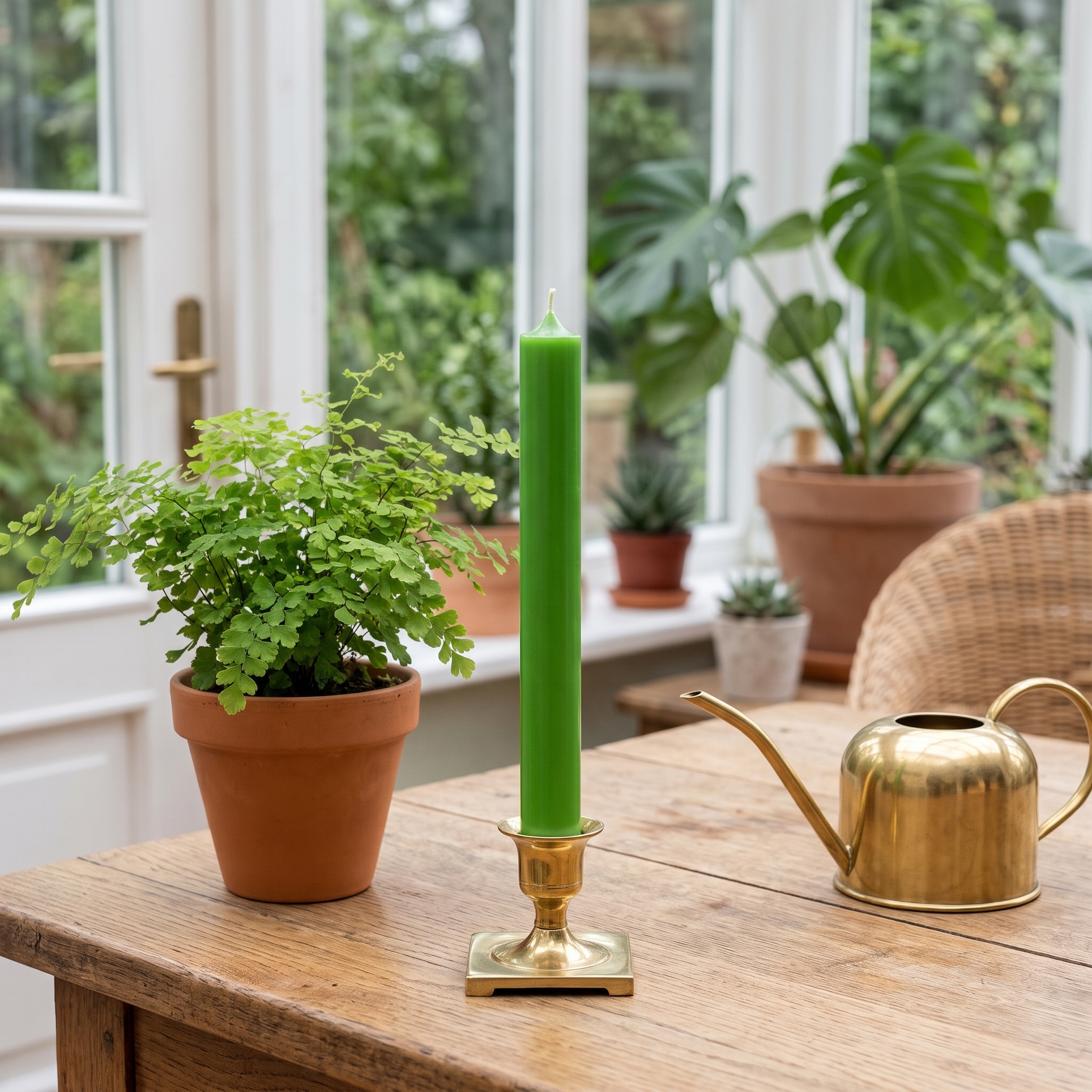 Grüne Stabkerze in goldenem Kerzenhalter auf Holztisch, neben Farn im Terrakottatopf und goldener Gießkanne, Zimmerpflanzen im Hintergrund