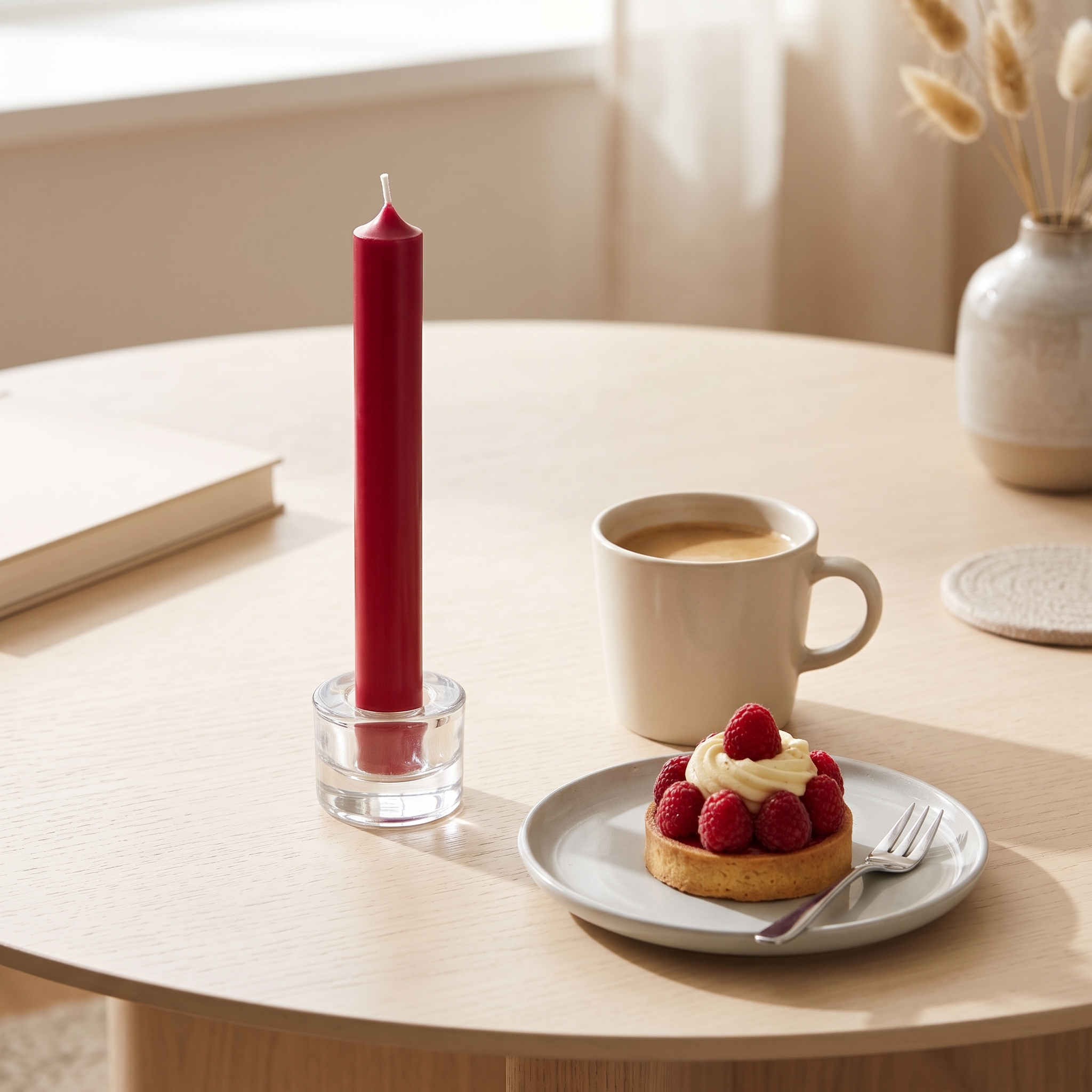 Himberrrote Stabkerze in einem klaren Glaskerzenhalter auf einem hellen Holztisch, daneben eine Kaffeetasse und eine Himbeertarte auf einem grauen Teller.