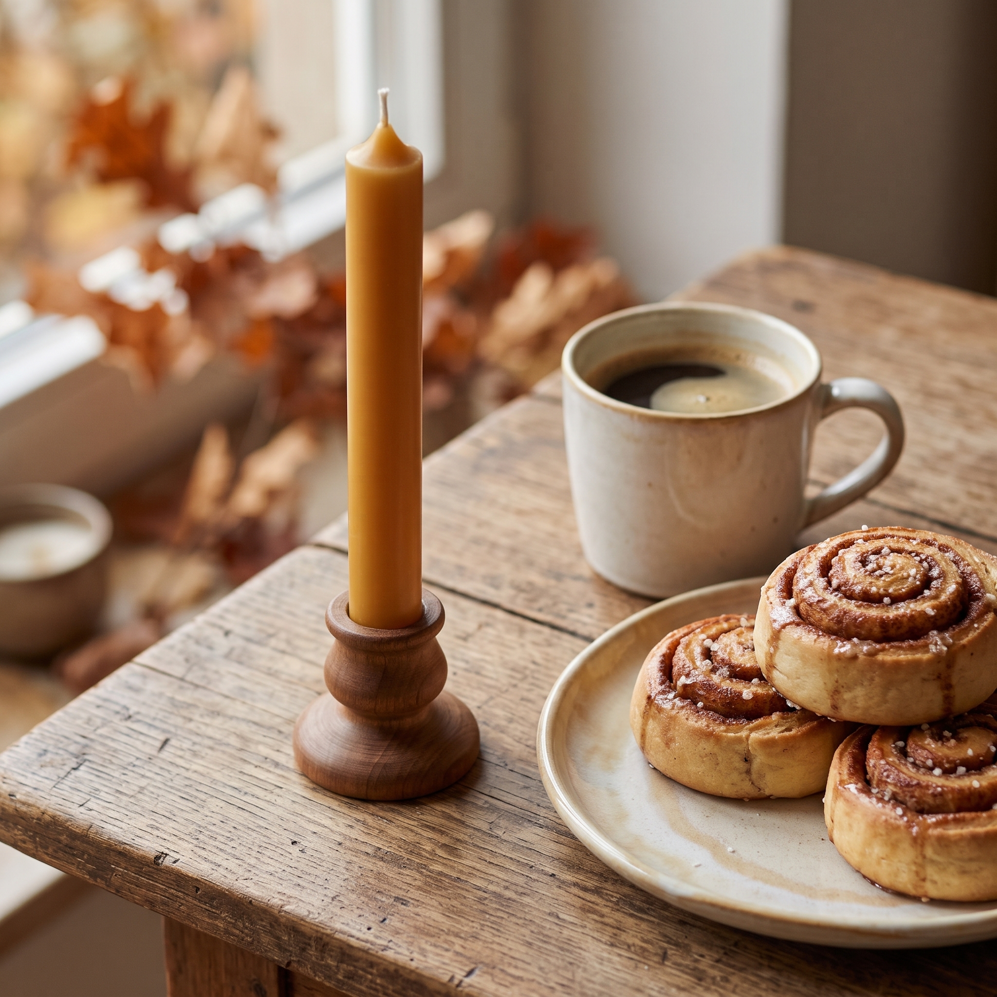 Karamellfarbene Stabkerze (180 x 22 mm) auf gedrechseltem Holzkerzenhalter, daneben Teller mit Zimtschnecken und Kaffeetasse auf rustikalem Holztisch vor Herbstlaub am Fenster
