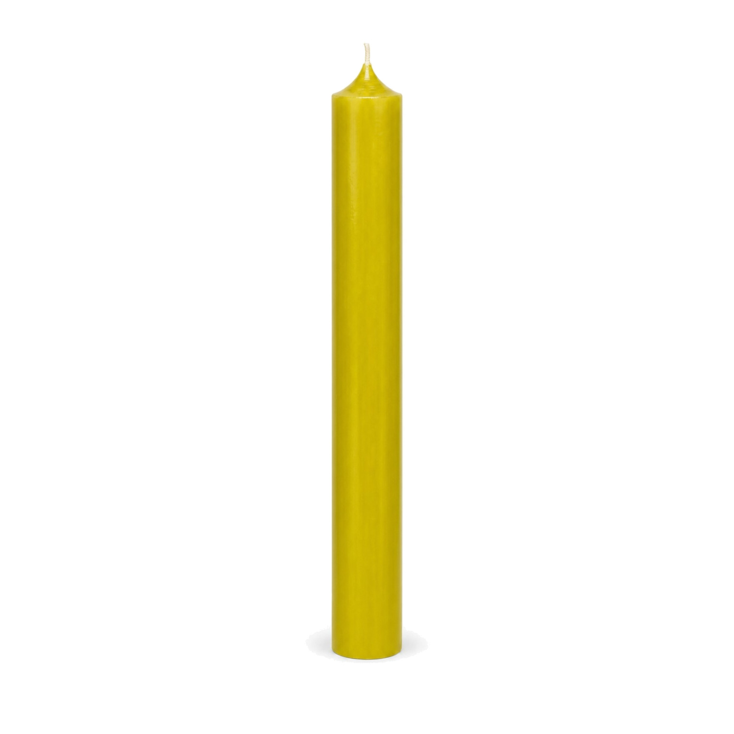 Kiwifarbene Stabkerze 180 x 22 mm, einzeln auf weißem Hintergrund.