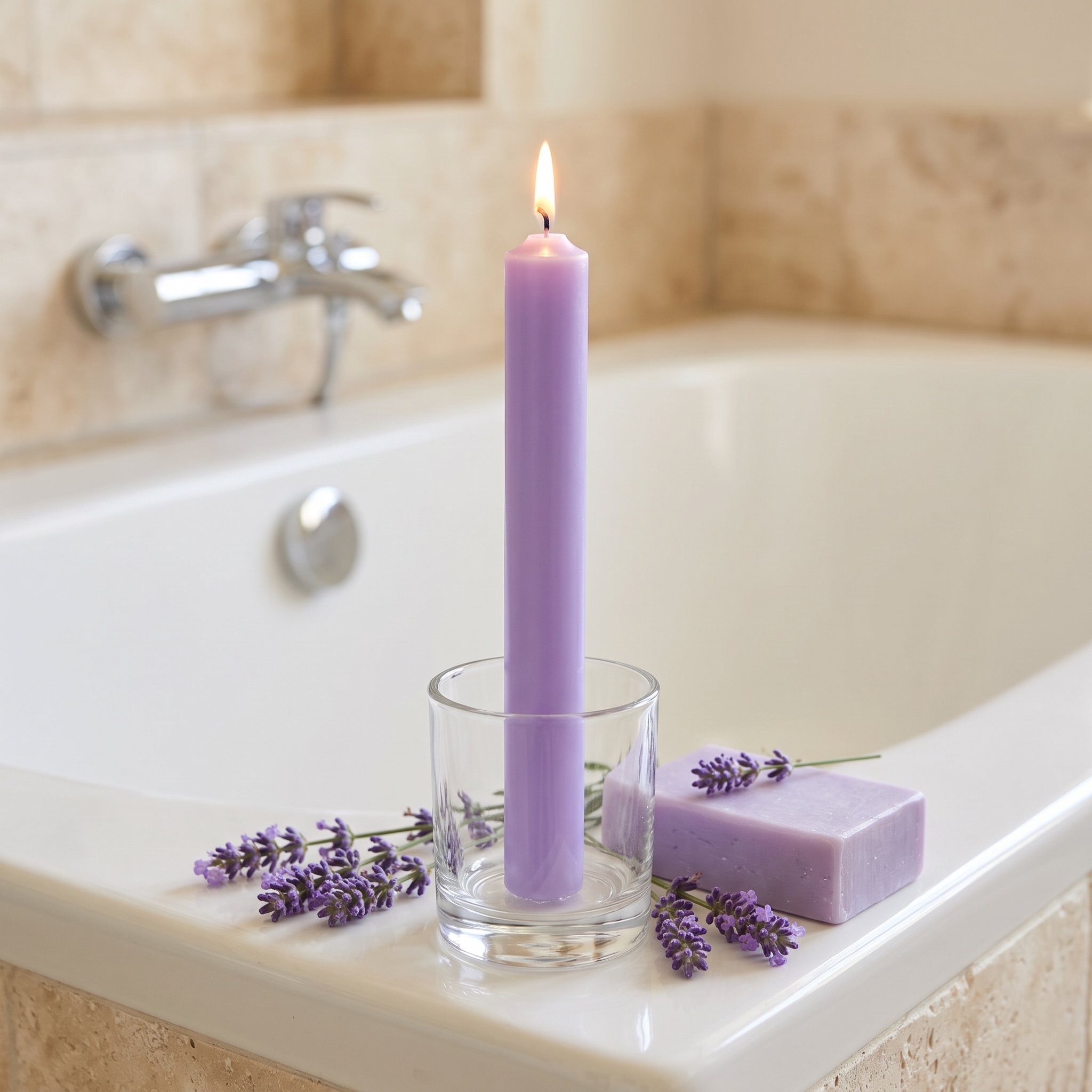 Lavendelfarbene Stabkerze 180x22 mm brennend in einem klaren Glashalter auf dem Rand einer weißen Badewanne, dekoriert mit frischen Lavendelzweigen und einem lilafarbenen Seifenstück
