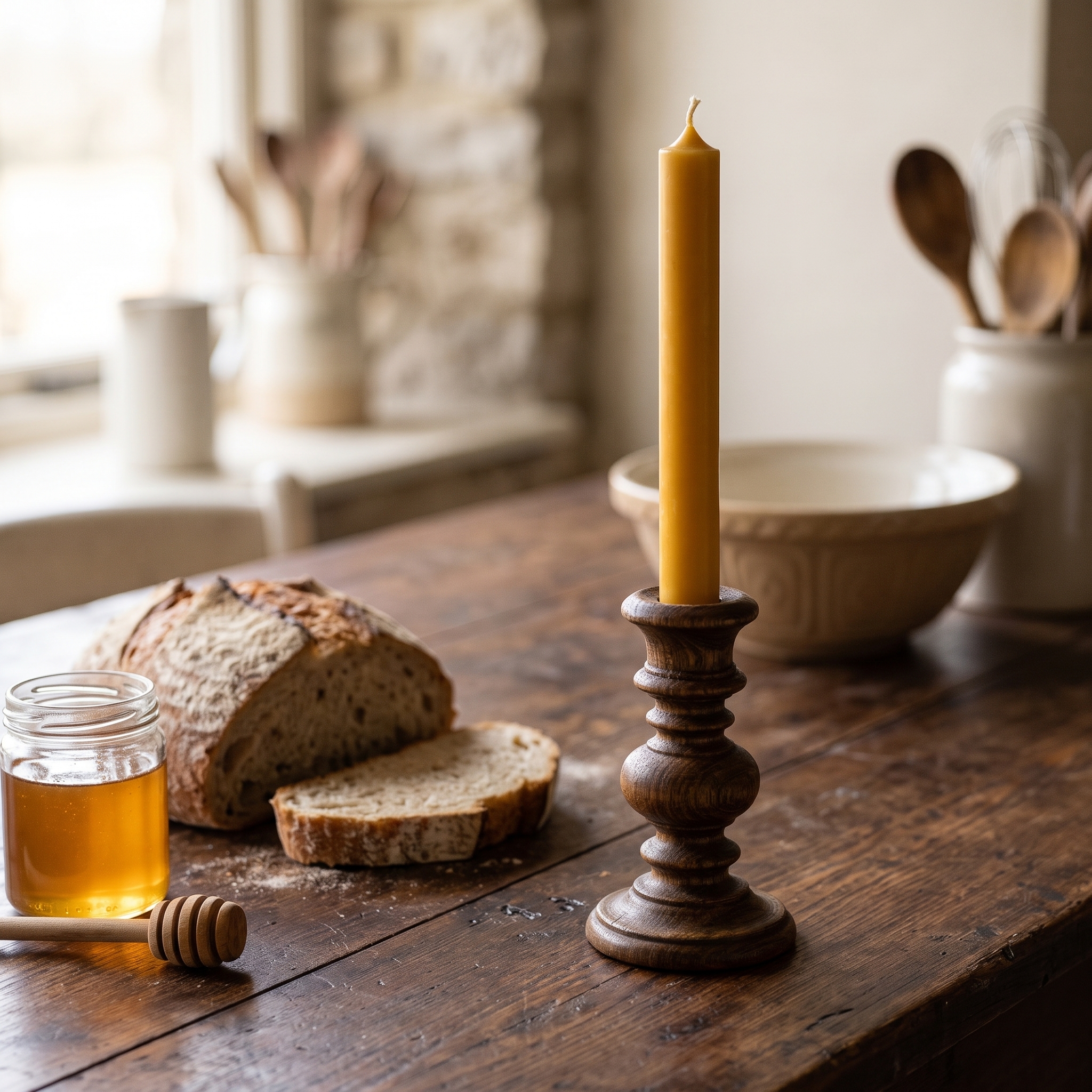 Naturfarbene Stabkerze auf gedrechseltem Holzkerzenhalter auf rustikalem Holztisch, im Hintergrund aufgeschnittenes Sauerteigbrot und ein Glas Honig