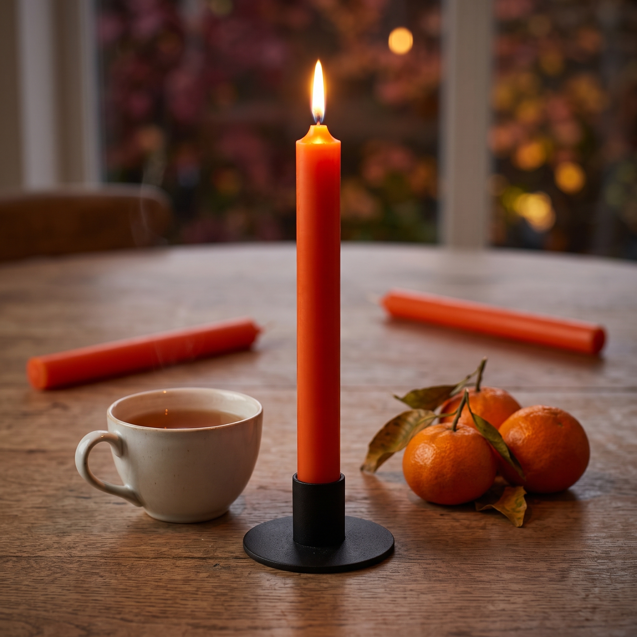 Brennende orangefarbene Stabkerze 180x22 mm im schwarzen Kerzenhalter auf Holztisch, daneben Teetasse und Mandarinen, zwei weitere Stabkerzen im Hintergrund