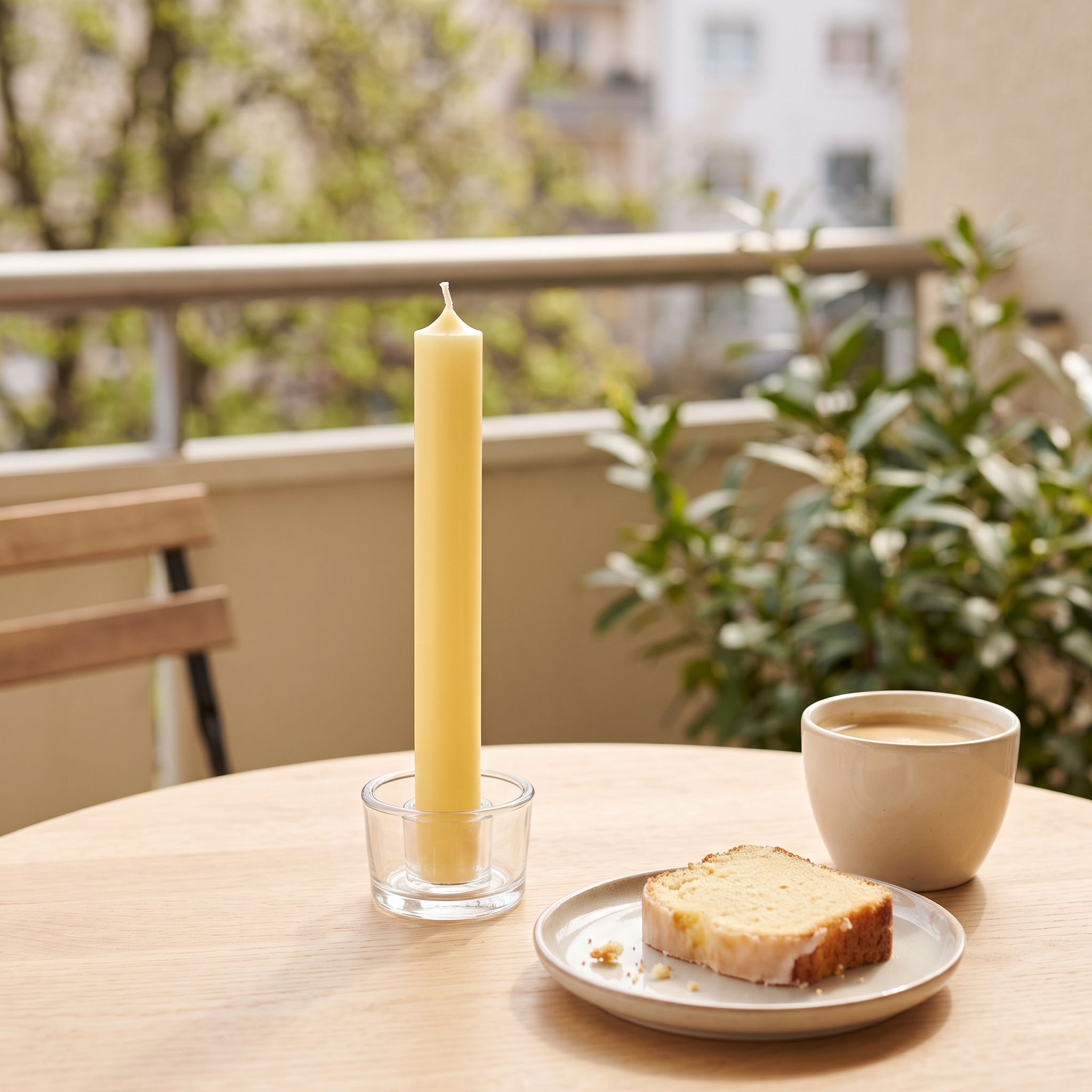 Pastellgelbe Stabkerze 180 x 22 mm in transparentem Glashalter auf rundem Holztisch, daneben Teller mit Zitronenkuchen und Kaffeetasse, Balkon mit Grünpflanzen im Hintergrund
