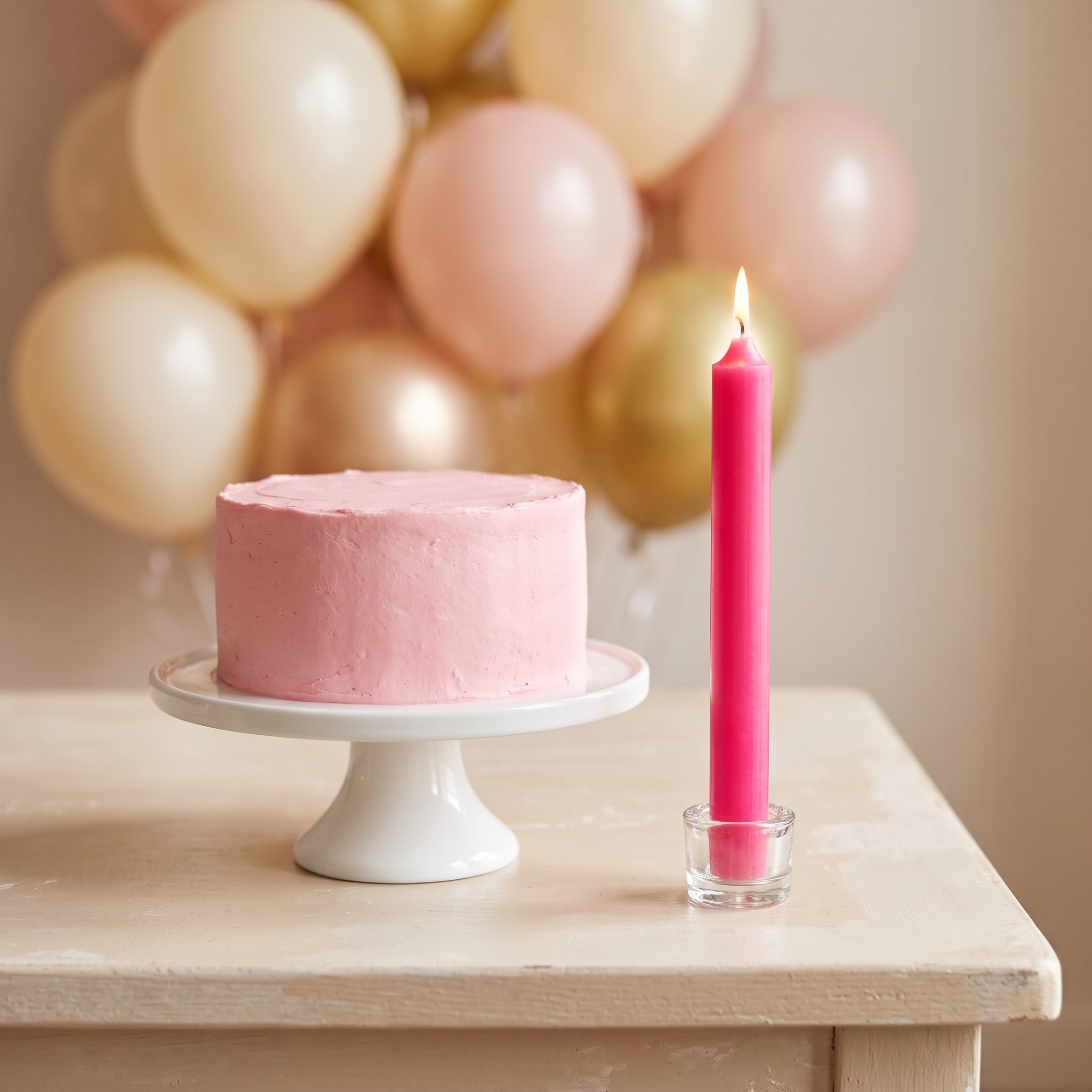 Pinke brennende Stabkerze 180x22mm in einem kleinen Glashalter, neben einer rosa Torte auf weißem Kuchenteller, vor Luftballons in Rosa, Creme und Gold