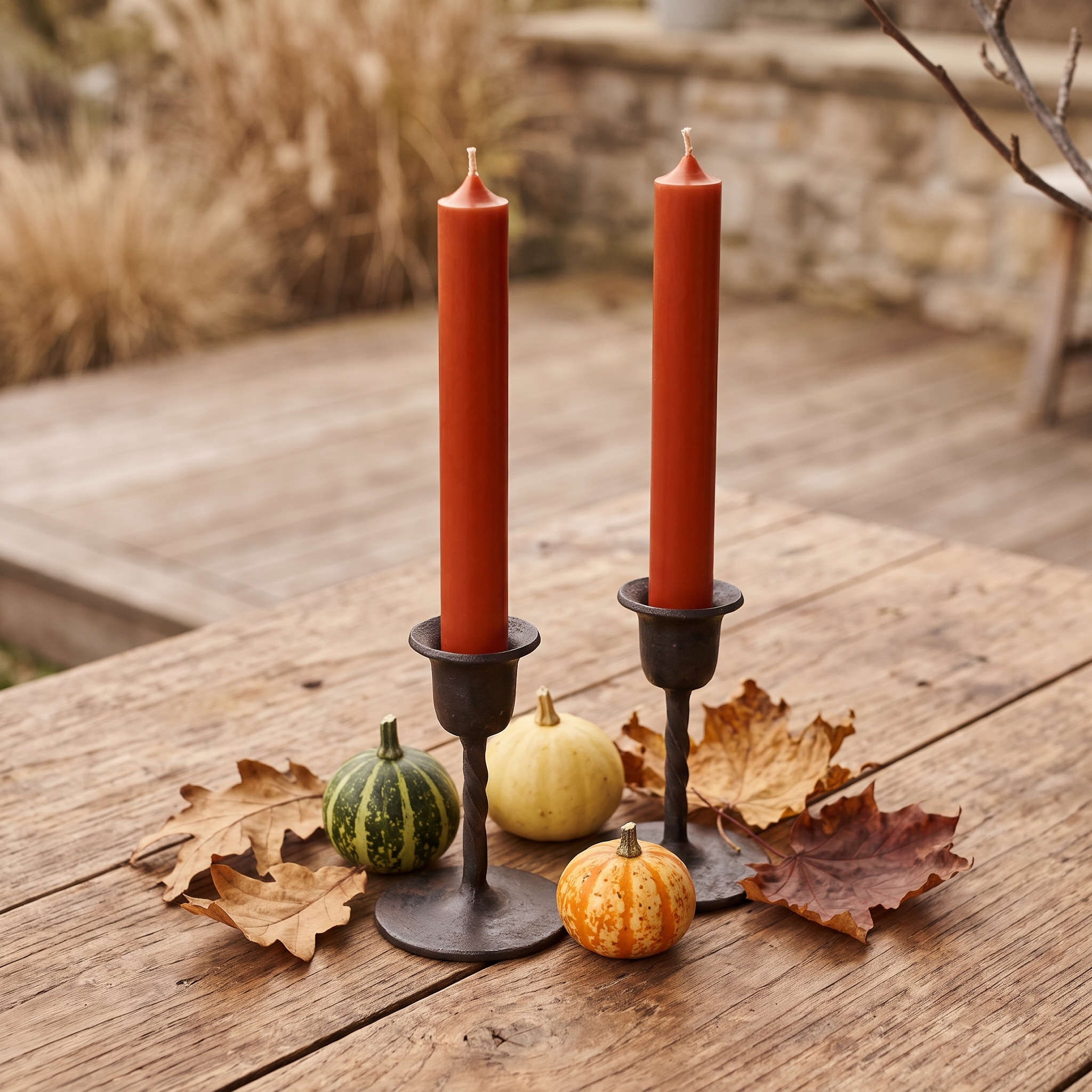 Zwei rostrot-farbene Stabkerzen (180 x 22 mm) in schwarzen Gusseisen-Kerzenhaltern auf einem Holztisch, dekoriert mit Zierkürbissen und trockenen Herbstblättern