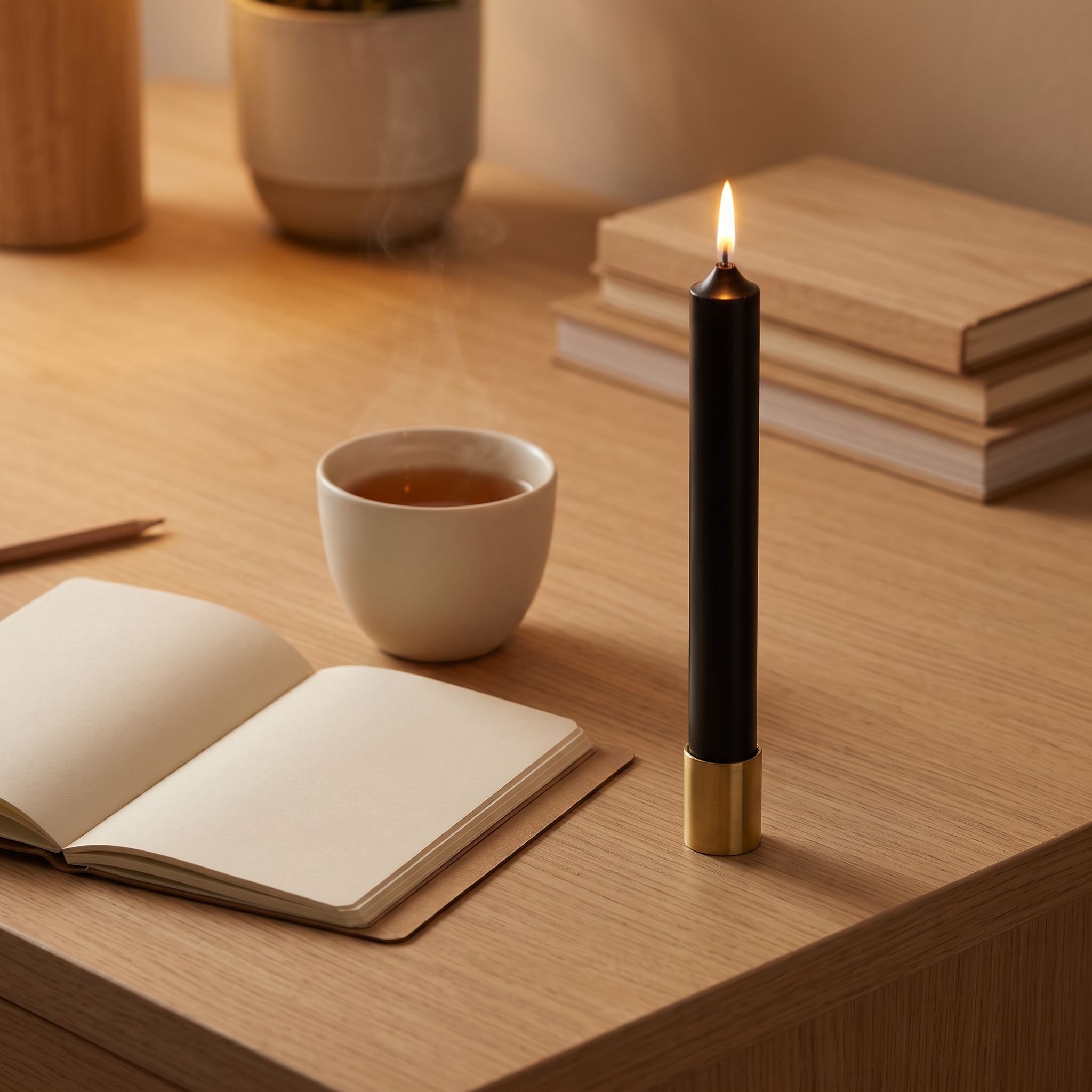 Schwarze Stabkerze mit goldenem Kerzenhalter, brennende Flamme, auf einem Holztisch neben aufgeschlagenem Notizbuch und weißer Teetasse