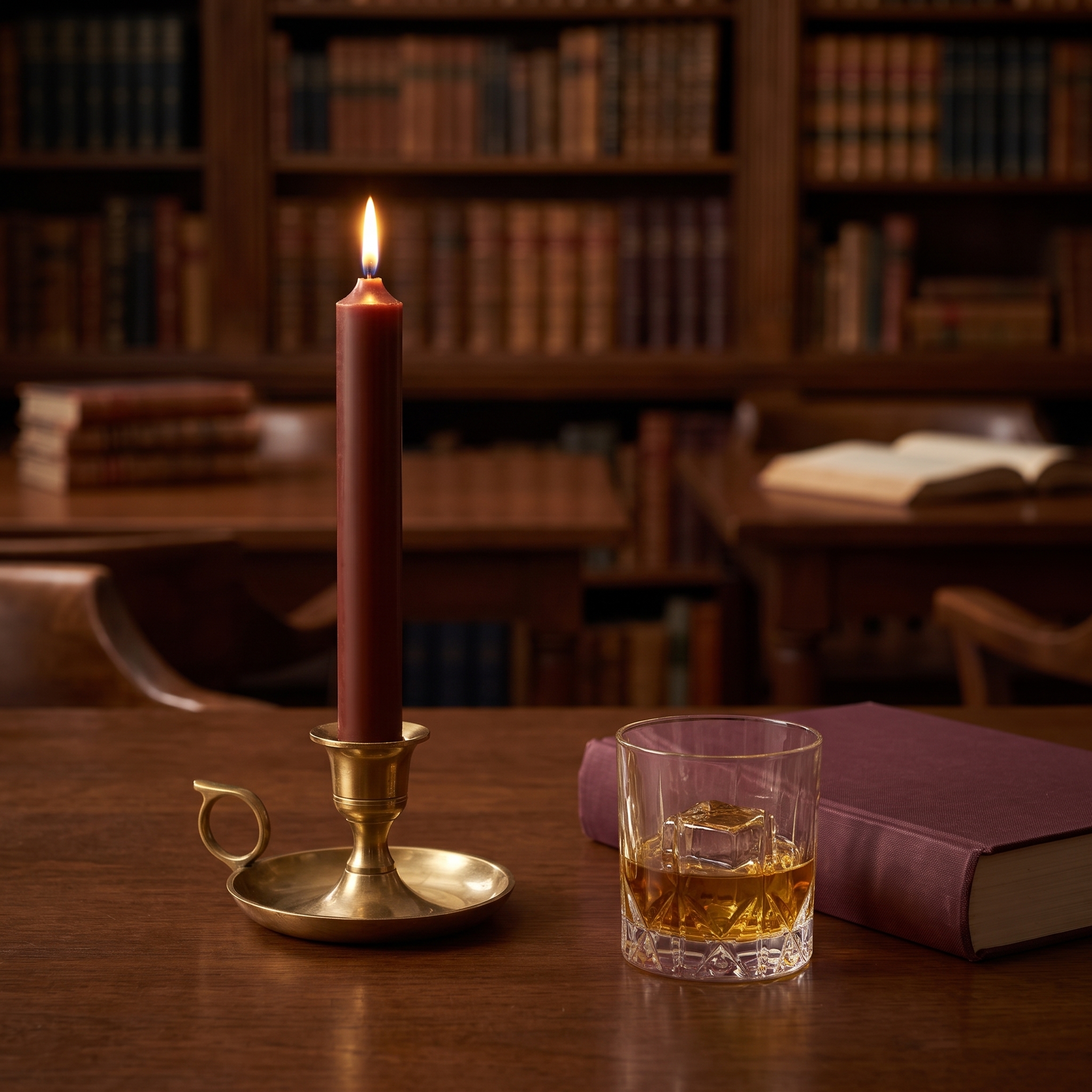Trüffelbraune durchgefärbte Stabkerze (22 mm) mit brennender Flamme in einem goldenen Messing-Kerzenhalter auf einem Holztisch, daneben ein Whiskyglas mit Eiswürfeln und ein weinrotes Buch, im Hintergrund eine holzvertäfelte Bibliothek mit gefüllten Bücherregalen.