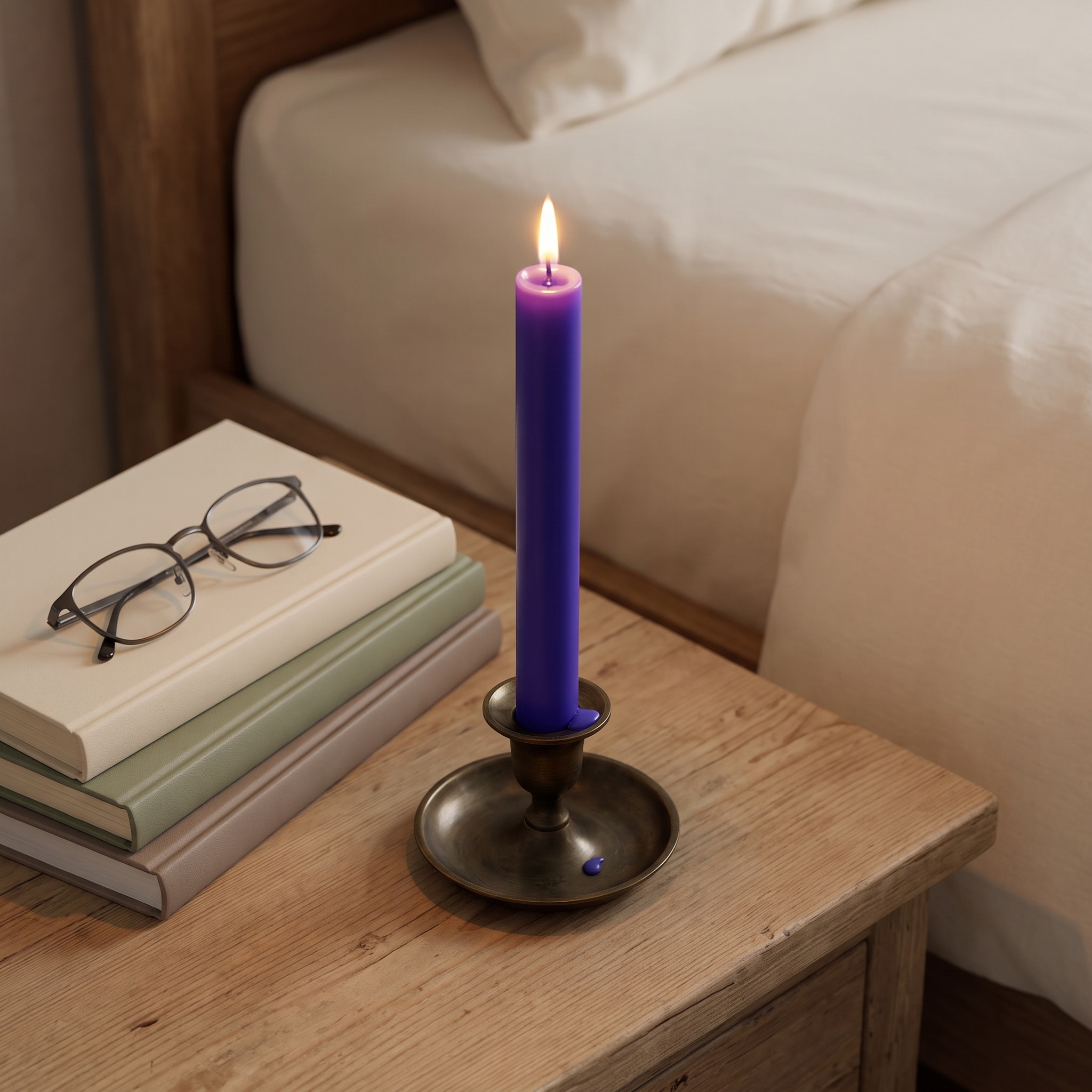 Violette durchgefärbte Stabkerze 180x22mm brennend im Messing-Kerzenhalter auf Holz-Nachttisch neben Bücherstapel und Lesebrille
