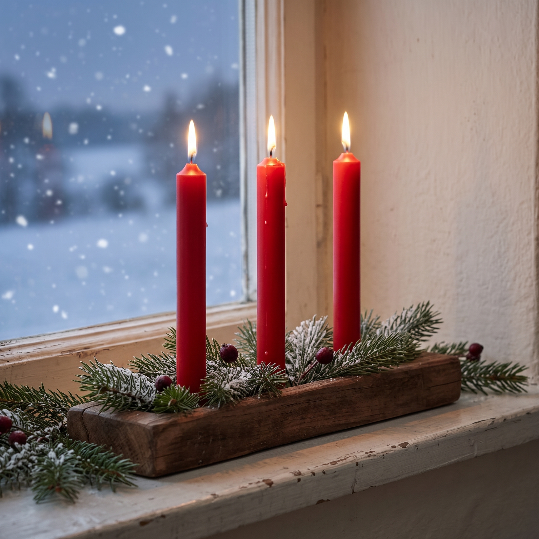 Drei weihnachtsrote durchgefärbte Stabkerzen 22 mm brennend auf einem rustikalen Holzhalter mit Tannenzweigen und roten Beeren auf einer verschneiten Fensterbank
