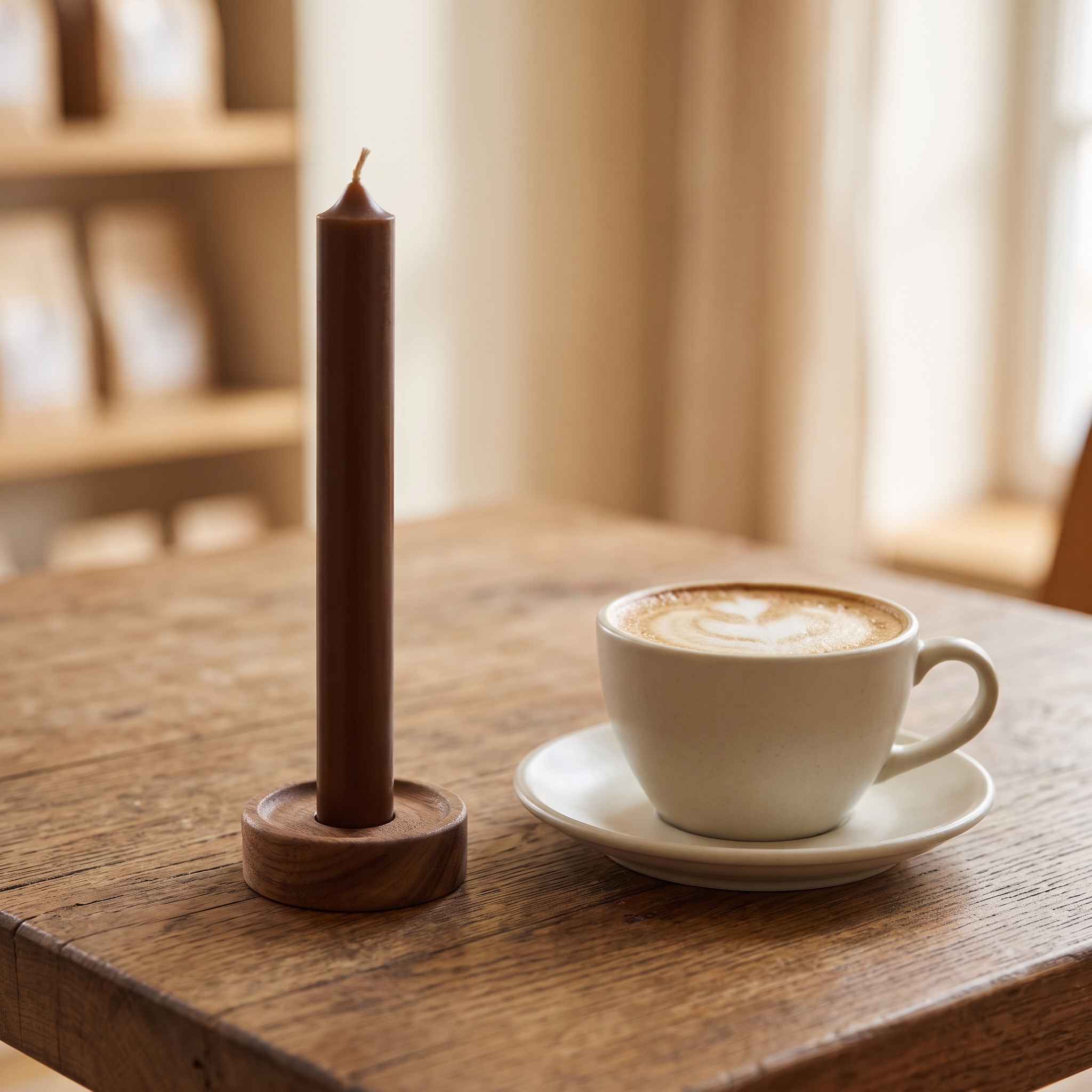 Cappuccino-farbene Stabkerze (180 x 22 mm) in einem runden Holzkerzenhalter auf einem Holztisch, daneben eine weiße Tasse Cappuccino mit Latte-Art auf Untertasse