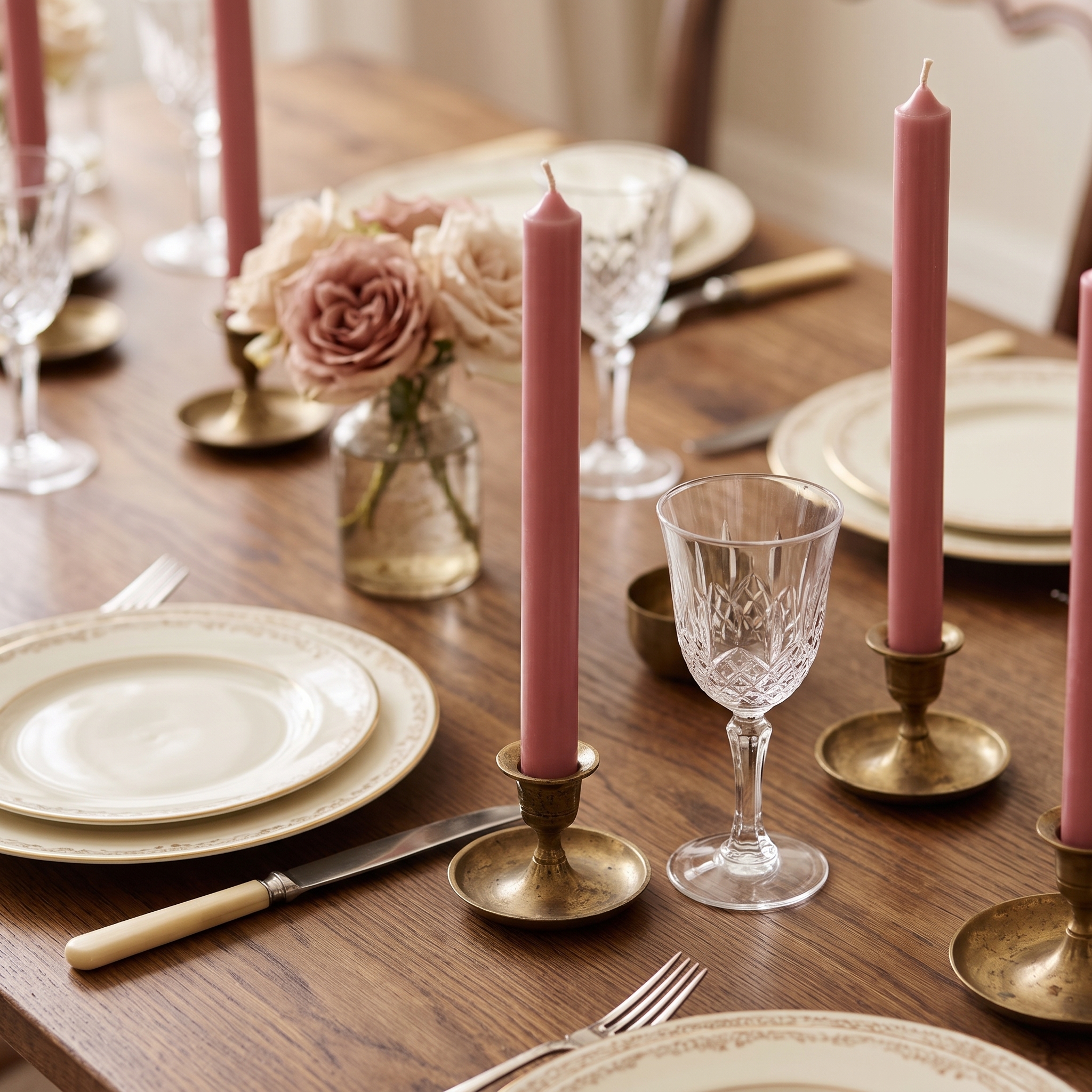 Rosafarbene Stabkerzen in messingfarbenen Kerzenhaltern auf gedecktem Holztisch mit weißem Geschirr mit Goldrand, Kristallgläsern und rosa Rosen als Tischdekoration