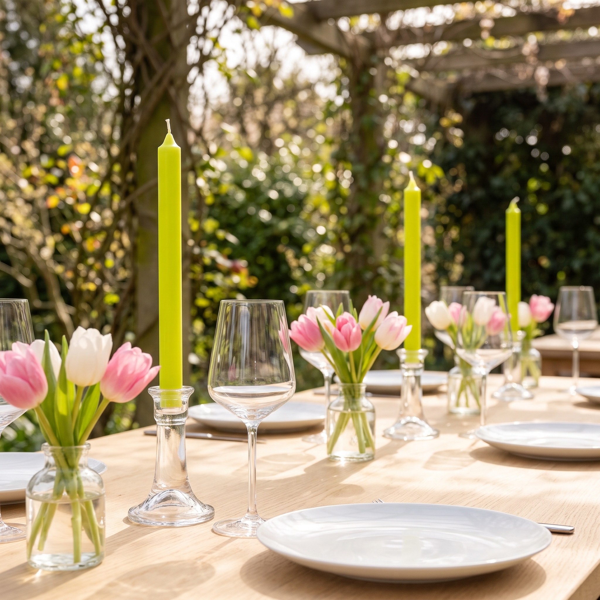 Gelbgrüne Stabkerzen in gläsernen Kerzenhaltern auf einem gedeckten Gartentisch mit rosa und weißen Tulpen in kleinen Vasen