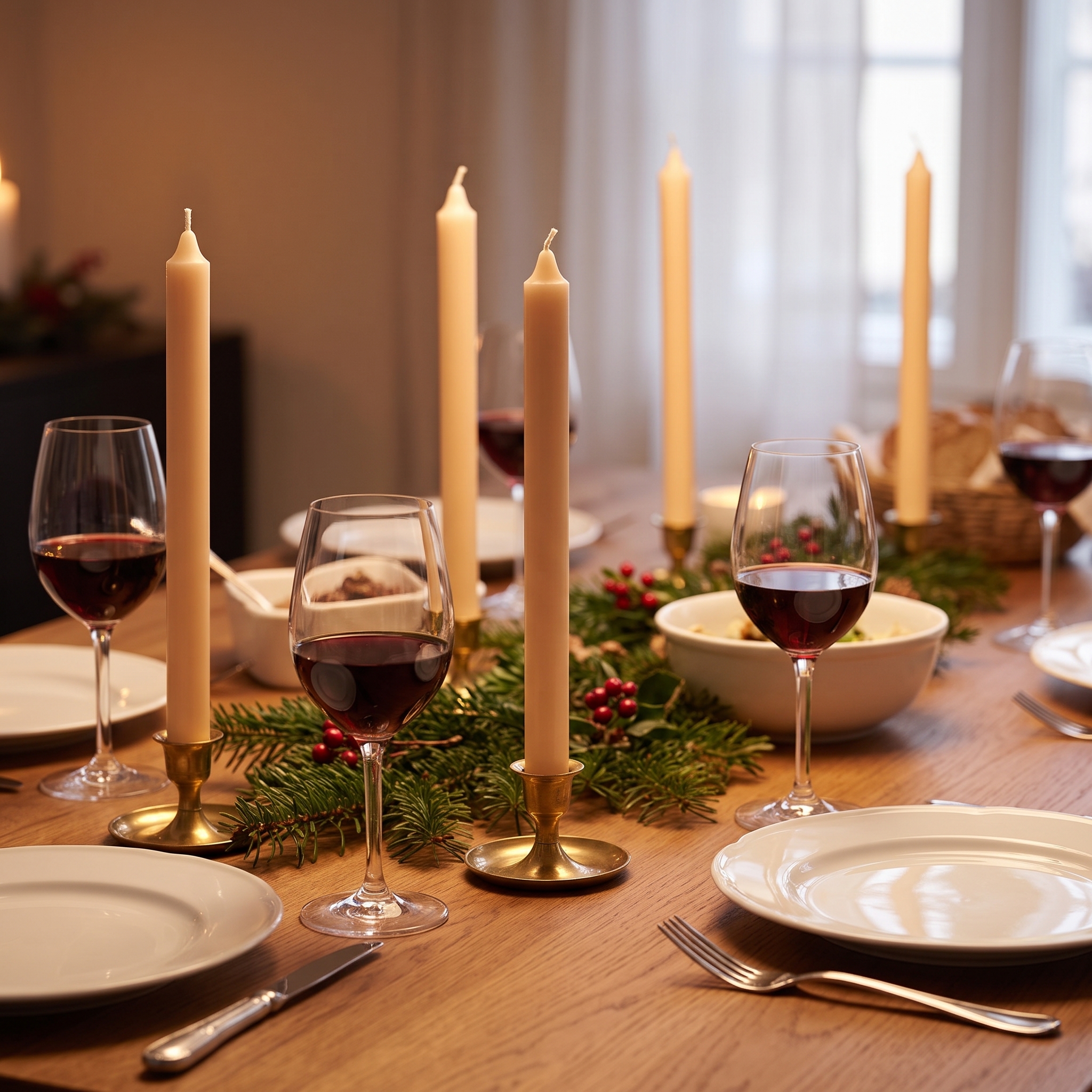 Cremefarbene lange Stabkerzen in goldenen Kerzenhaltern auf einem festlich gedeckten Holztisch mit Rotweingläsern und Tannenzweig-Tischdekoration mit roten Beeren.