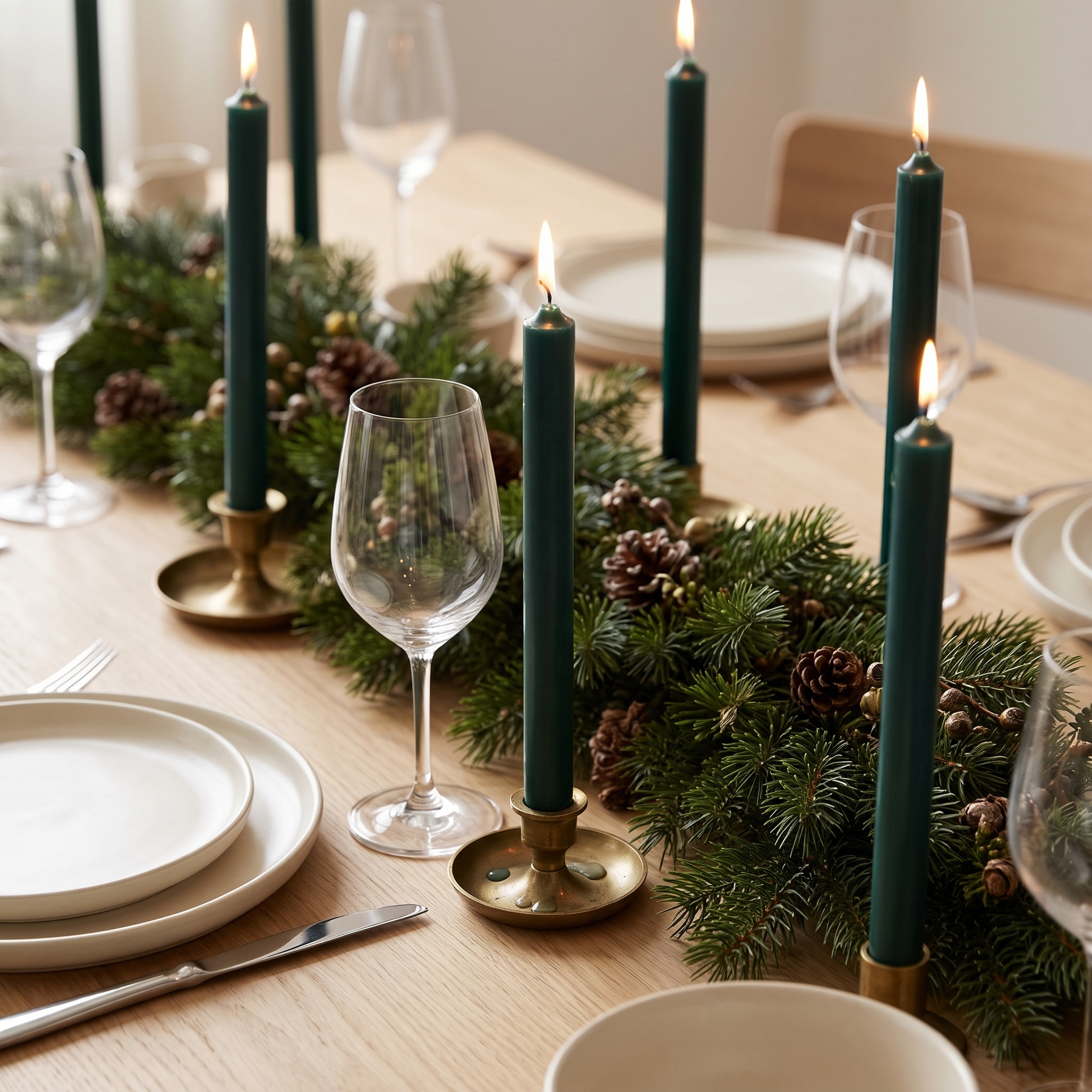 Dunkelgrüne Stabkerzen in goldenen Kerzenhaltern auf einem weihnachtlich gedeckten Esstisch mit Tannenzweigen und Zapfen als Tischdeko