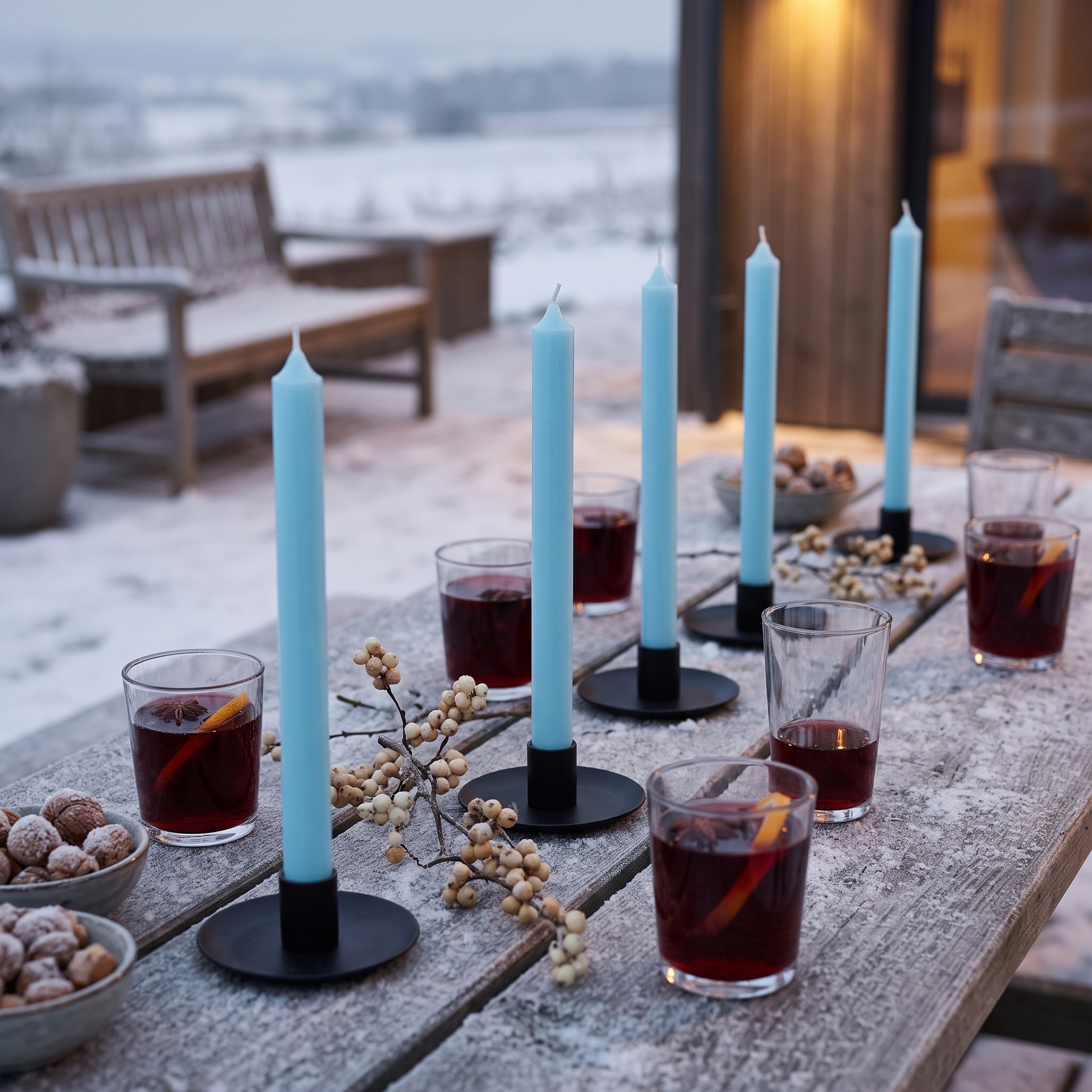 Hellblaue Stabkerzen in schwarzen Kerzenhaltern auf einem verschneiten Holztisch im Freien, dekoriert mit Glühweingläsern, Walnüssen und Beerenzweigen